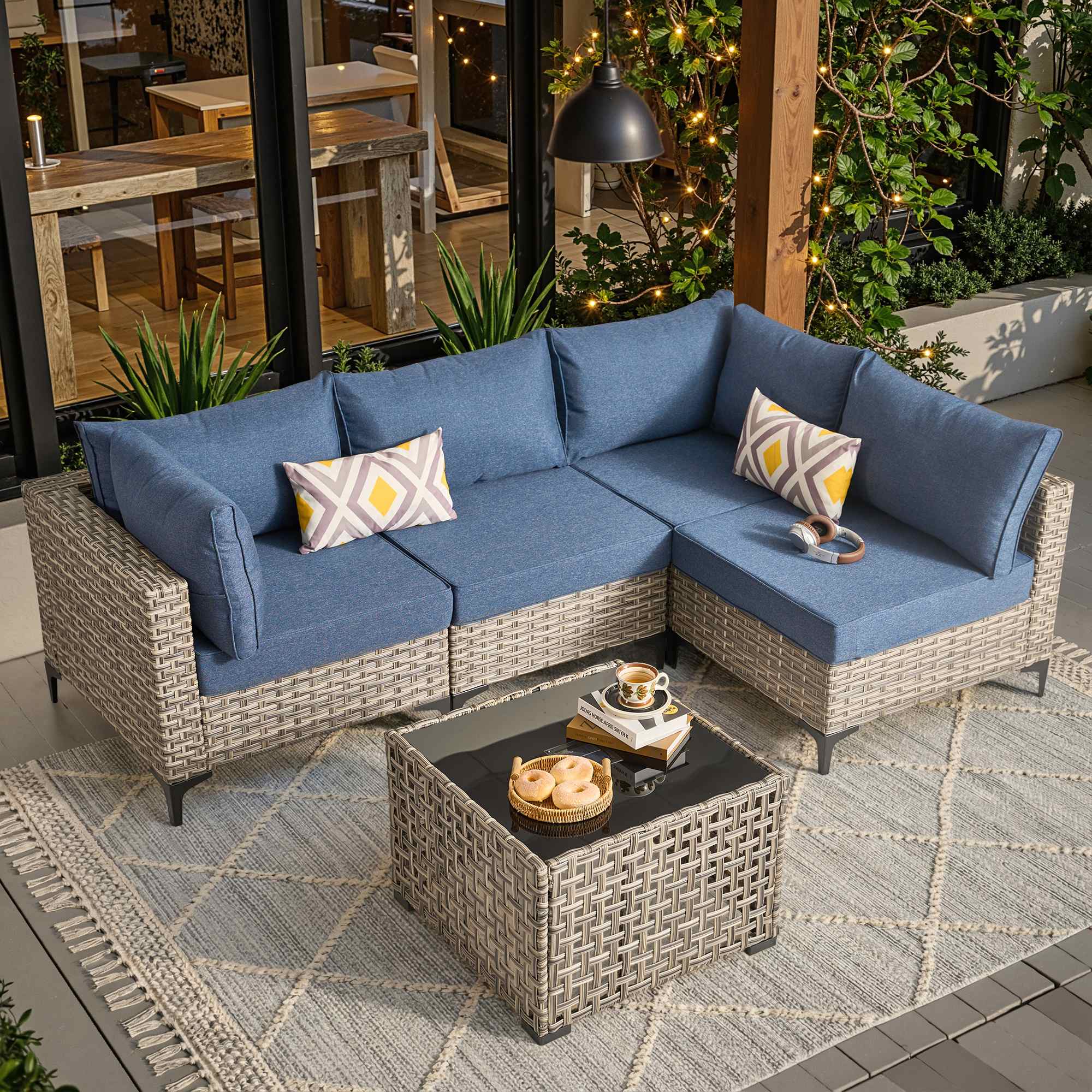 OVIOS Wicker Patio Sectional Conversation Set with Glowing Coffee Table & Single Chairs