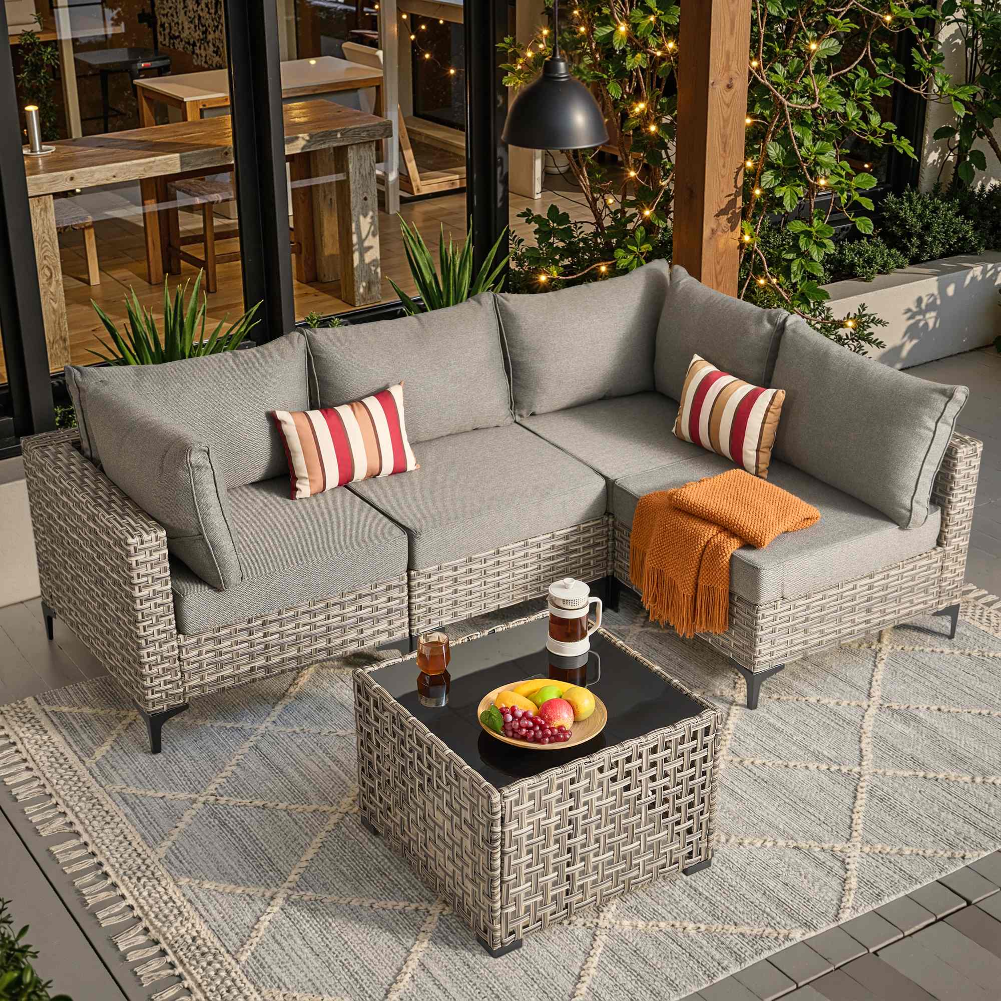 OVIOS Wicker Patio Sectional Conversation Set with Glowing Coffee Table & Single Chairs