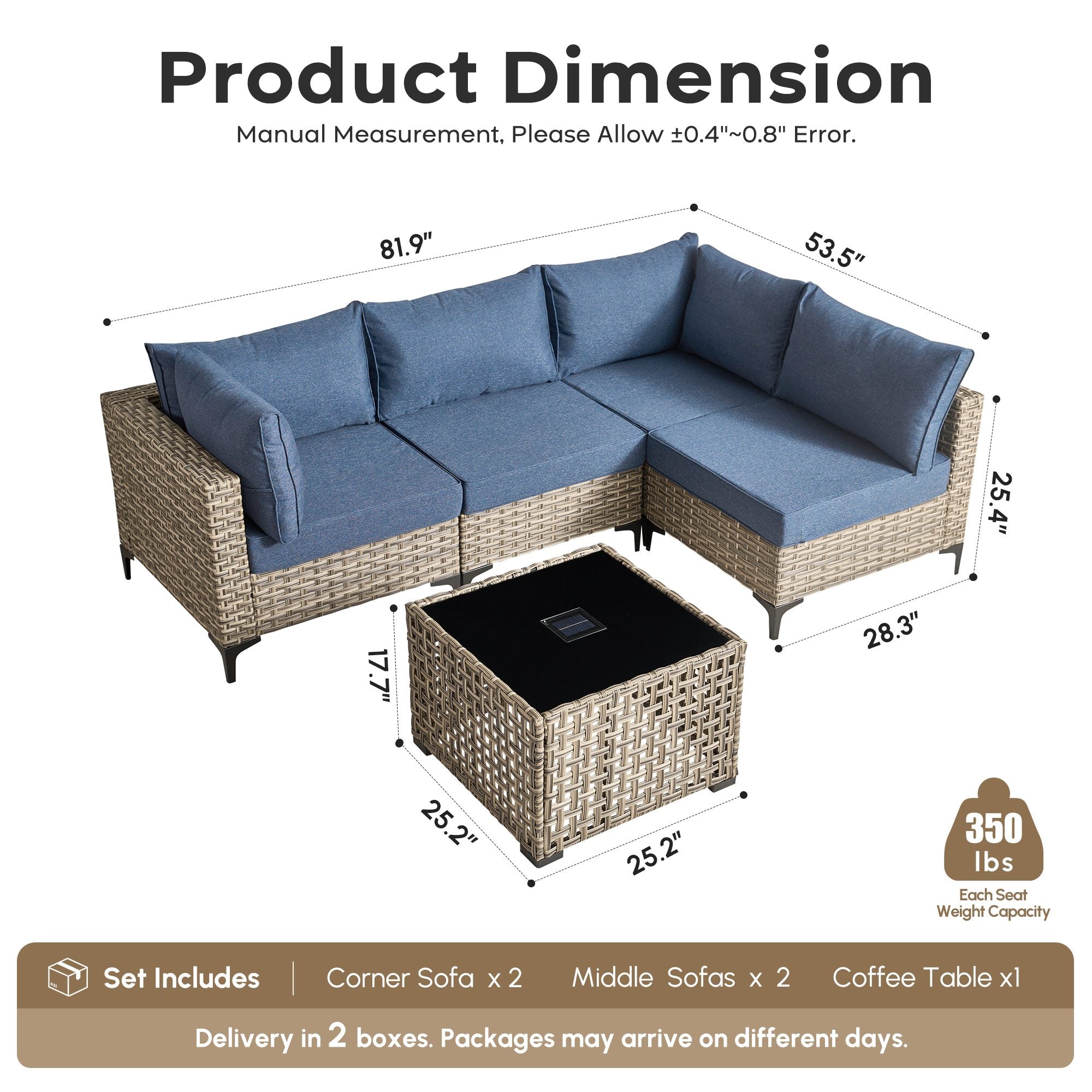 OVIOS wicker patio sectional dimensions, L-shape set with blue cushions and solar coffee table.