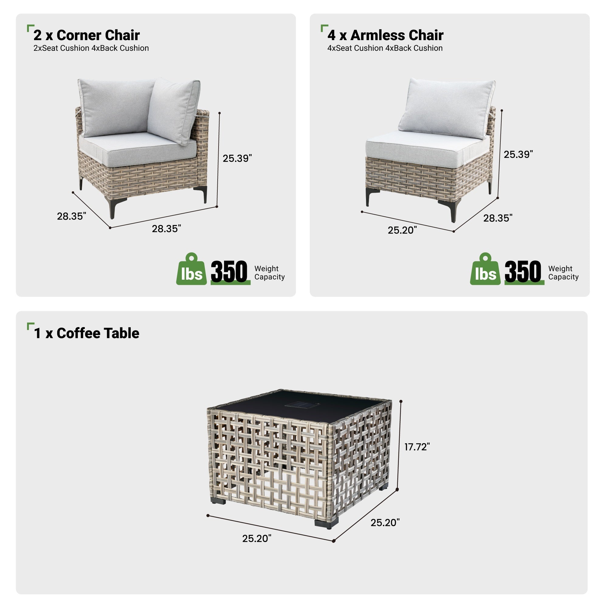 OVIOS Wicker Patio Sectional Conversation Set with Glowing Coffee Table & Single Chairs