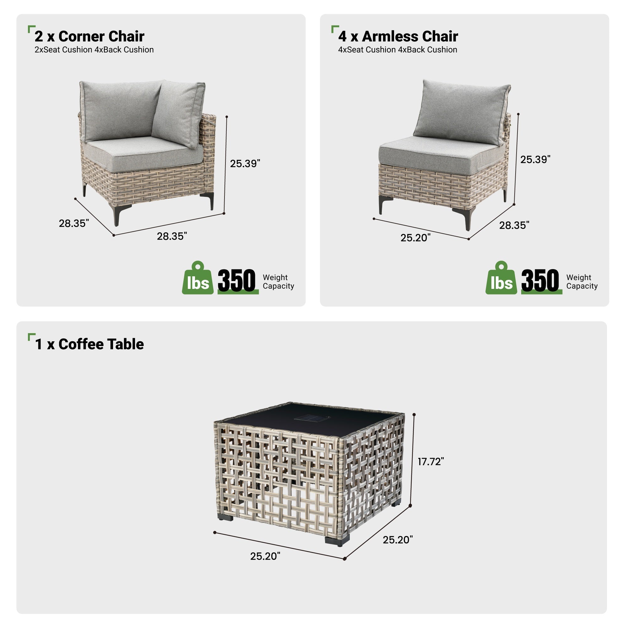 OVIOS Wicker Patio Sectional Conversation Set with Glowing Coffee Table & Single Chairs