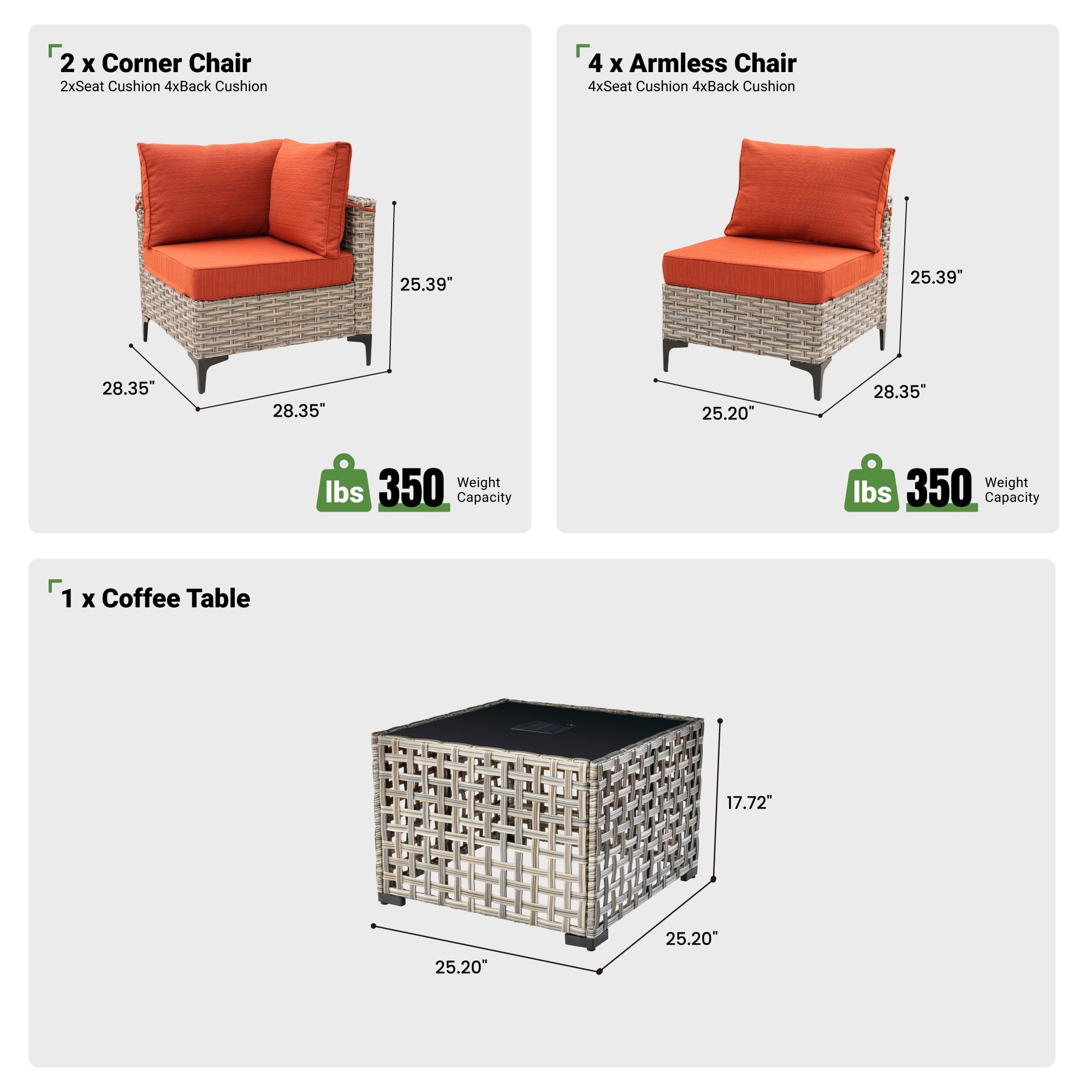 OVIOS Wicker Patio Sectional Conversation Set with Glowing Coffee Table & Single Chairs