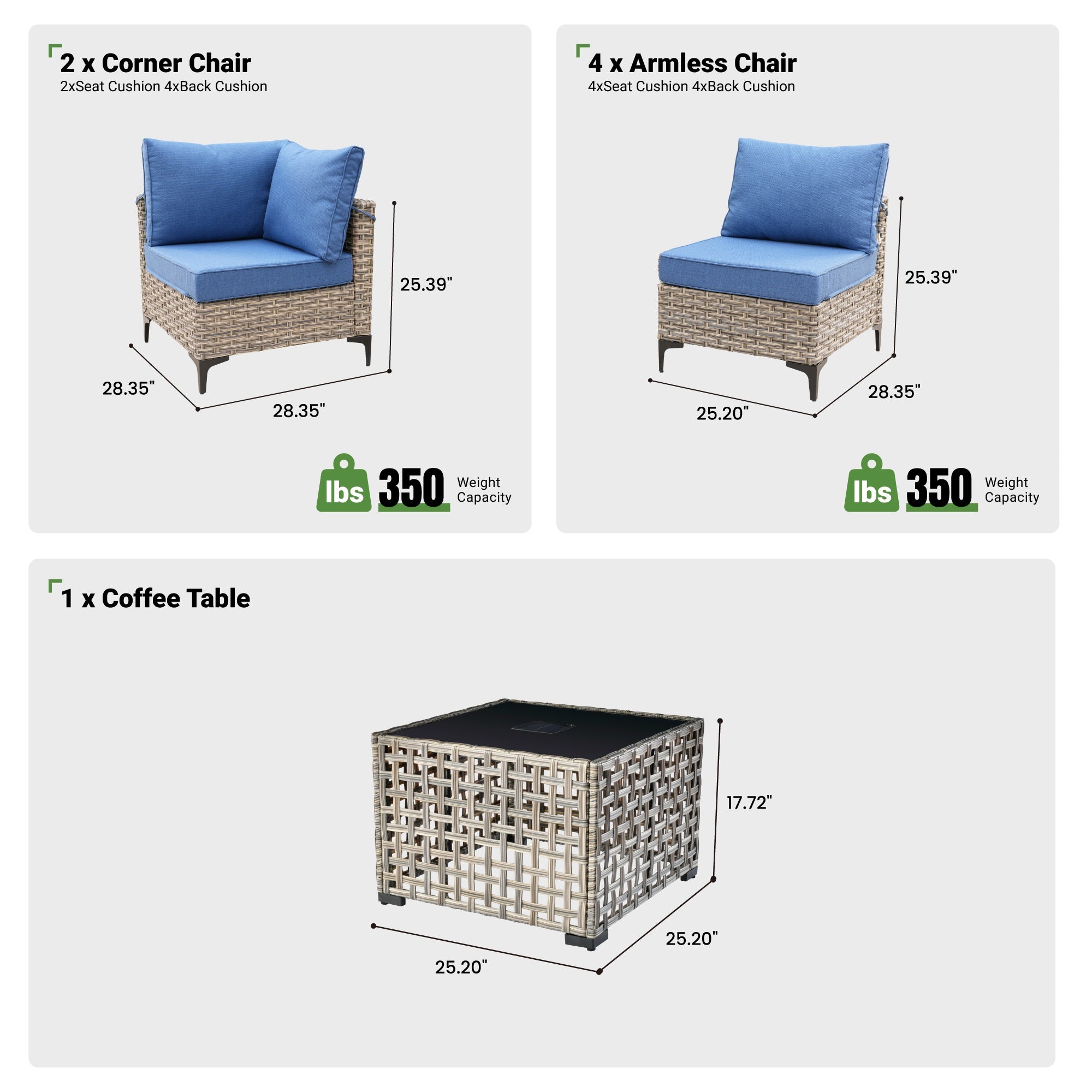 OVIOS Wicker Patio Sectional Conversation Set with Glowing Coffee Table & Single Chairs