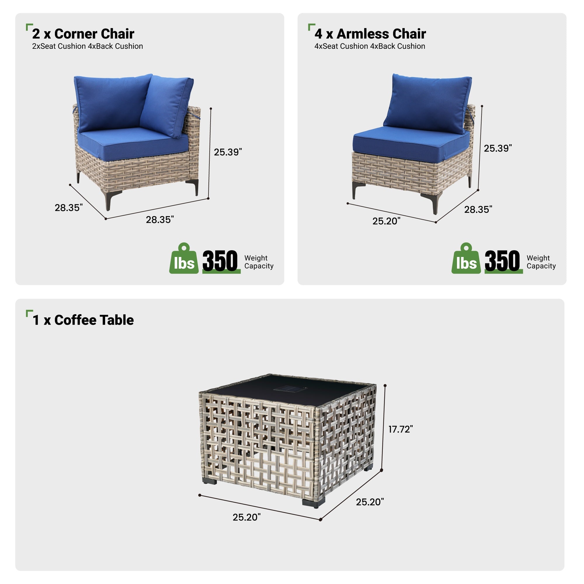 OVIOS Wicker Patio Sectional Conversation Set with Glowing Coffee Table & Single Chairs