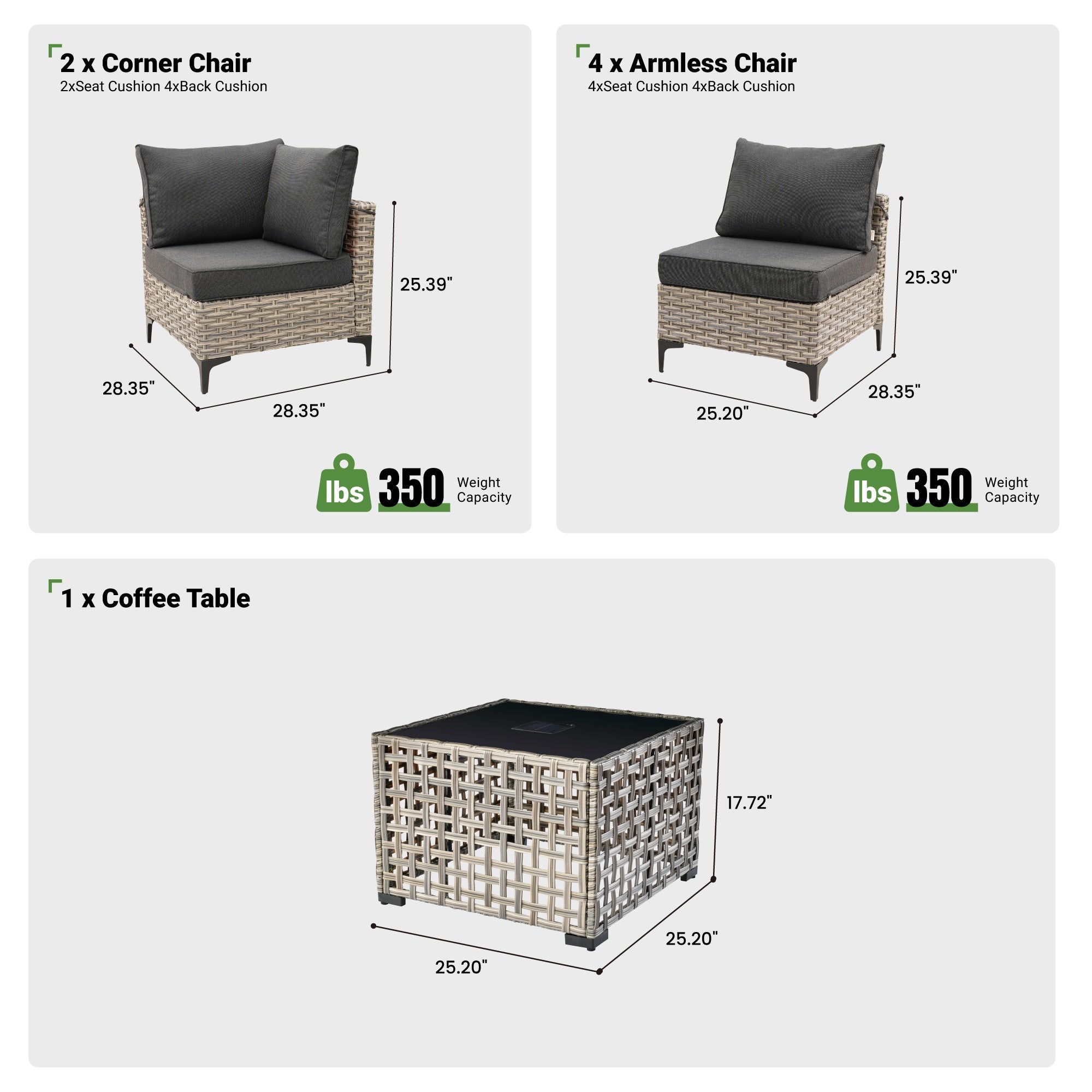 OVIOS Wicker Patio Sectional Conversation Set with Glowing Coffee Table & Single Chairs