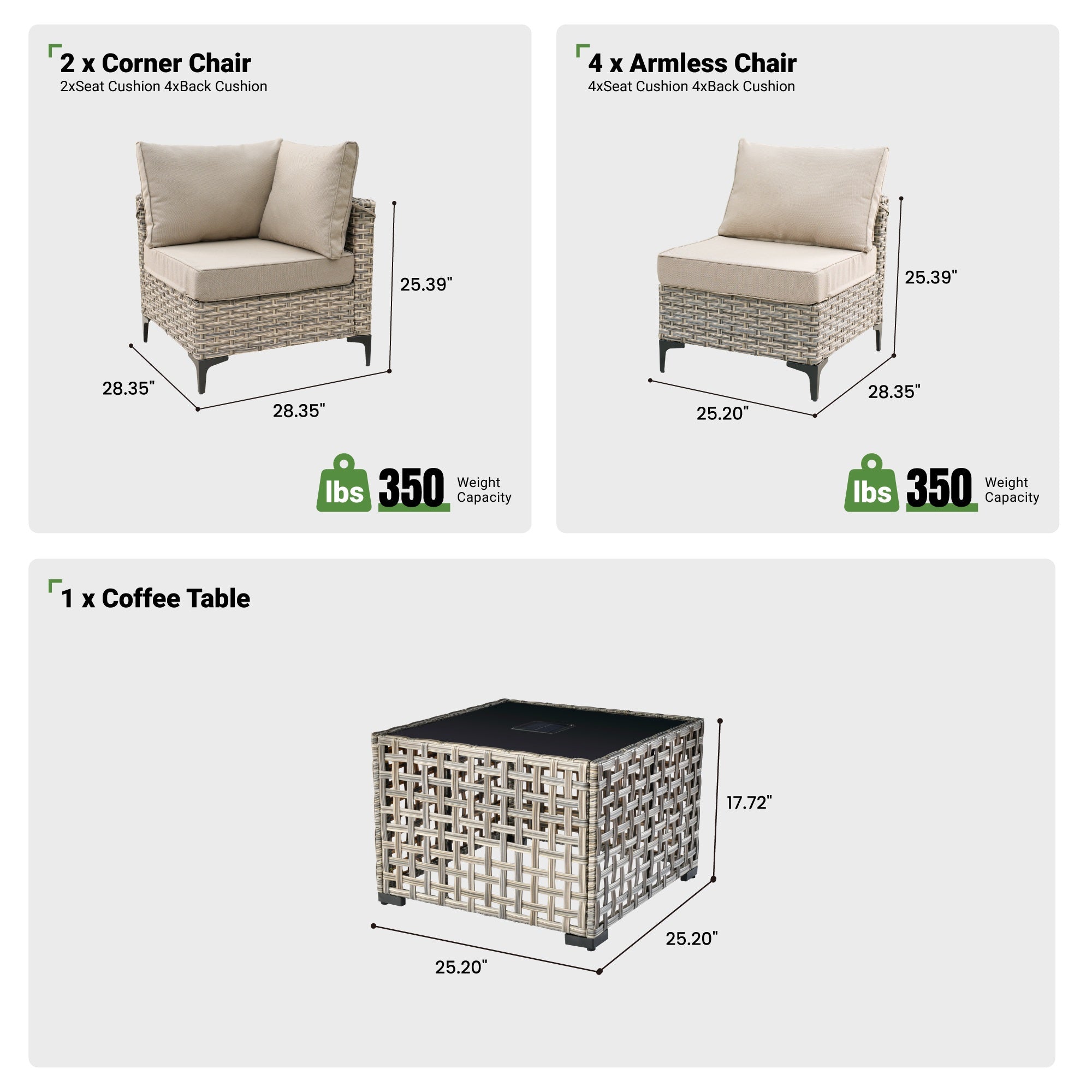 OVIOS Wicker Patio Sectional Conversation Set with Glowing Coffee Table & Single Chairs