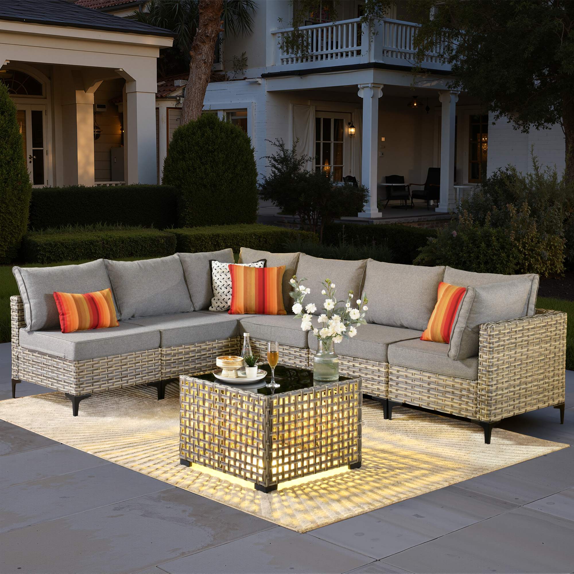 OVIOS Wicker Patio Sectional Conversation Set with Glowing Coffee Table & Single Chairs