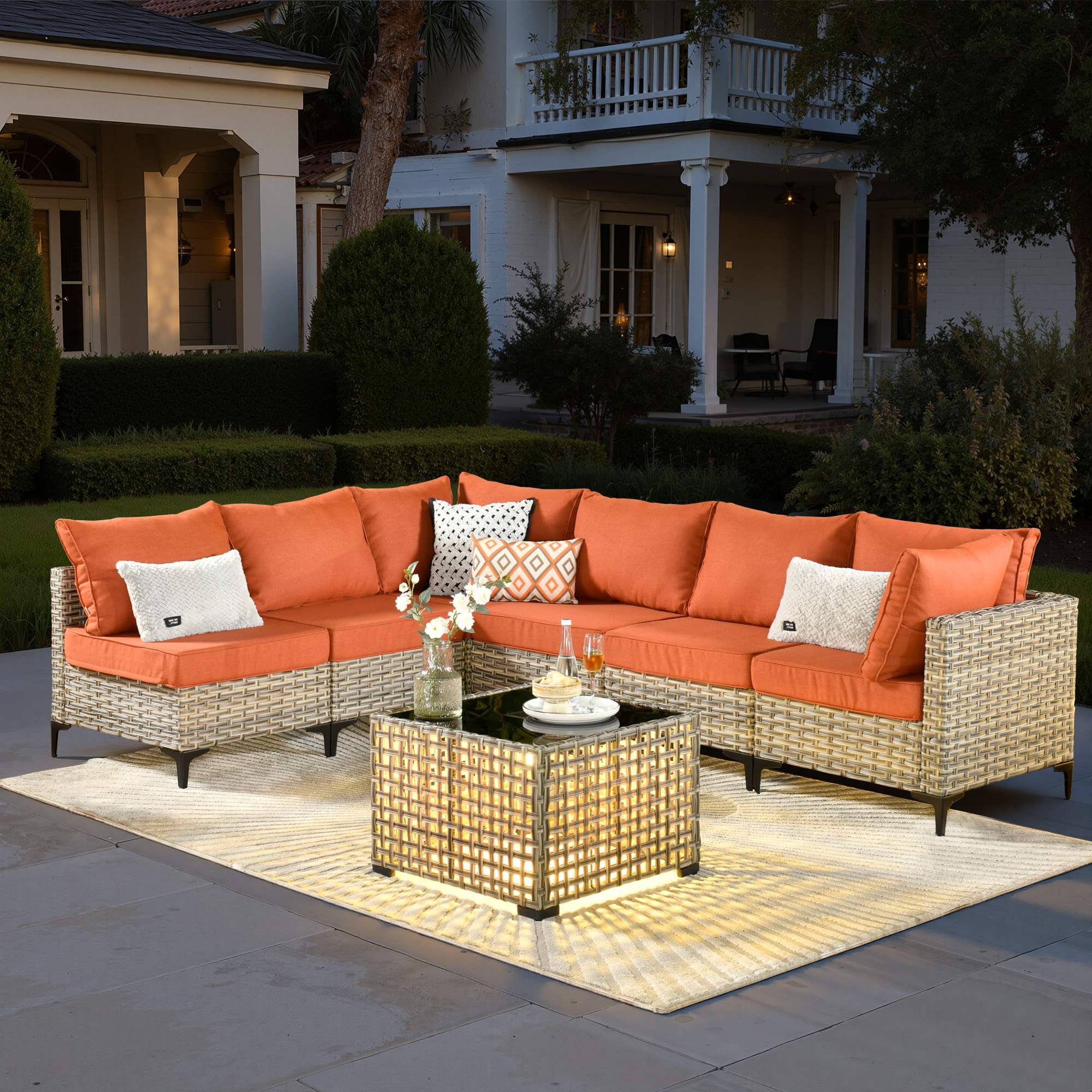 OVIOS Wicker Patio Sectional Conversation Set with Glowing Coffee Table & Single Chairs