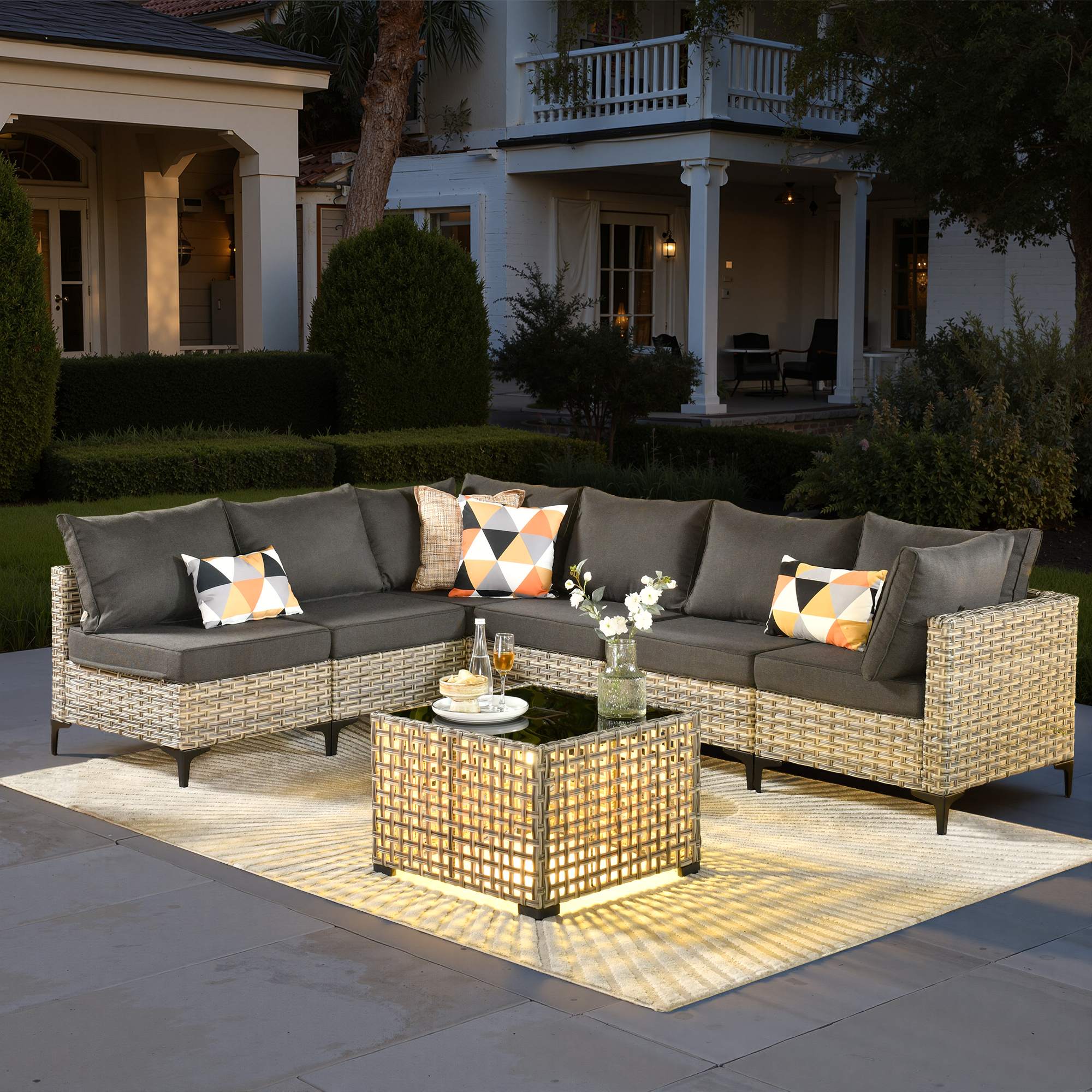 OVIOS Wicker Patio Sectional Conversation Set with Glowing Coffee Table & Single Chairs