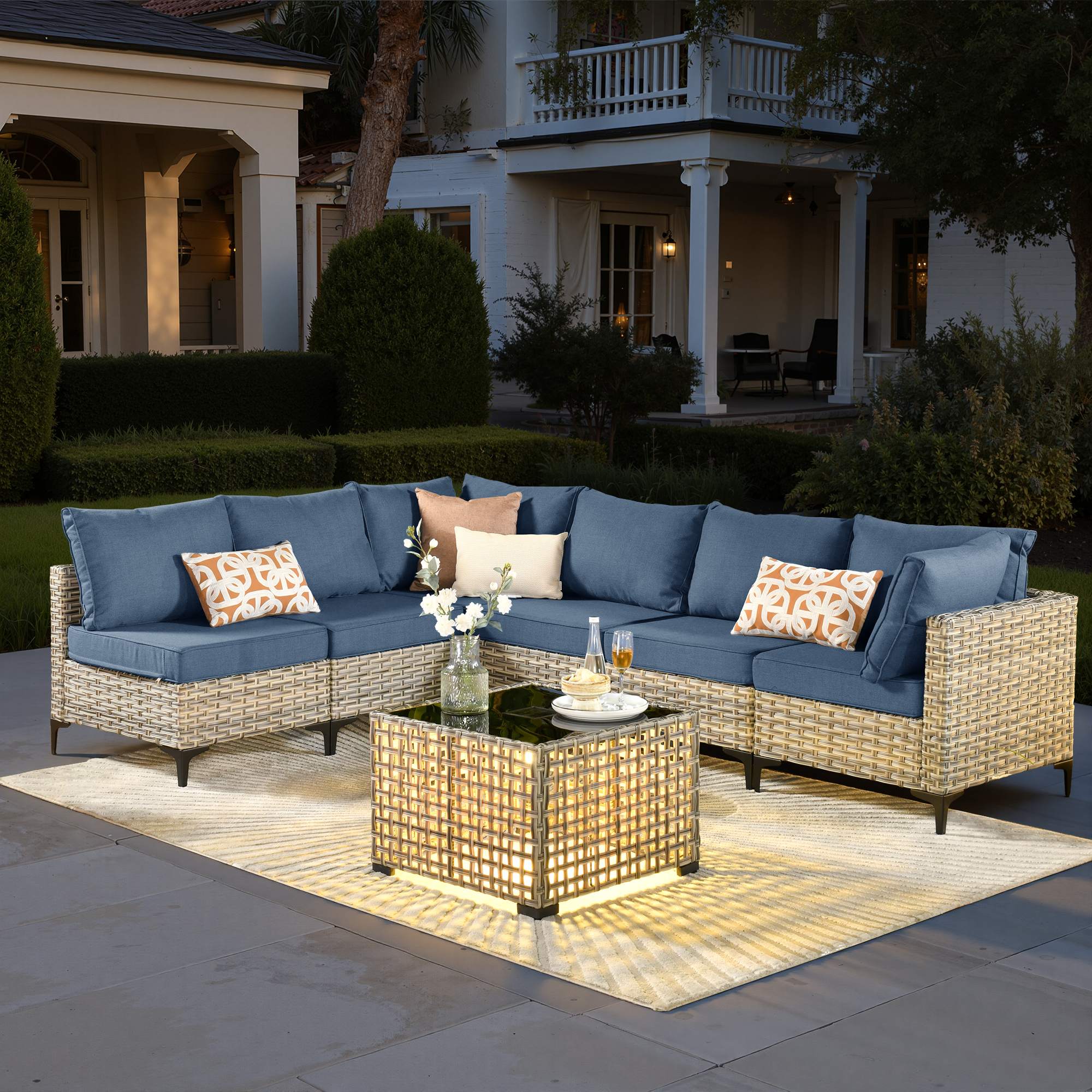OVIOS Wicker Patio Sectional Conversation Set with Glowing Coffee Table & Single Chairs