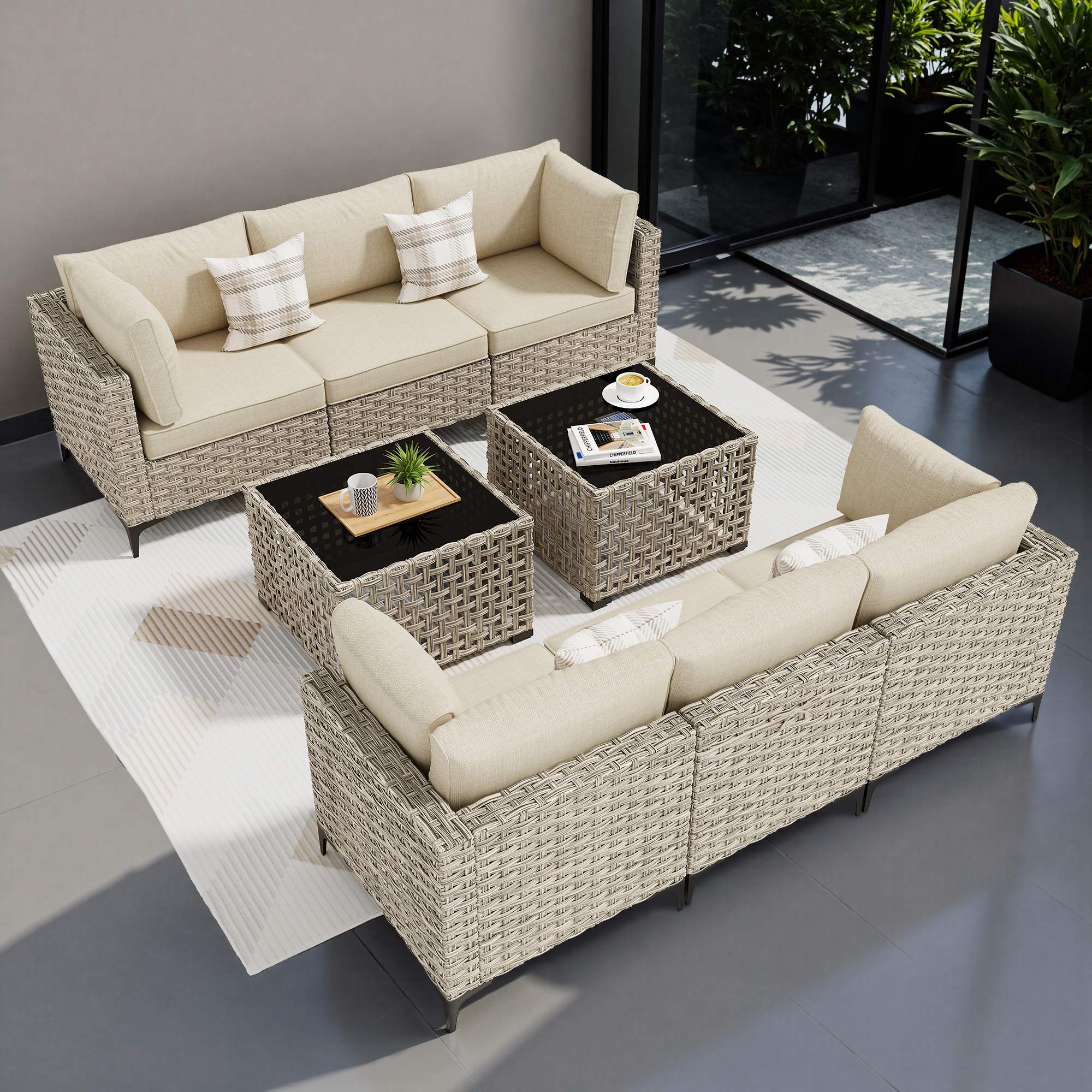 OVIOS Wicker Patio Sectional Conversation Set with Glowing Coffee Table & Single Chairs