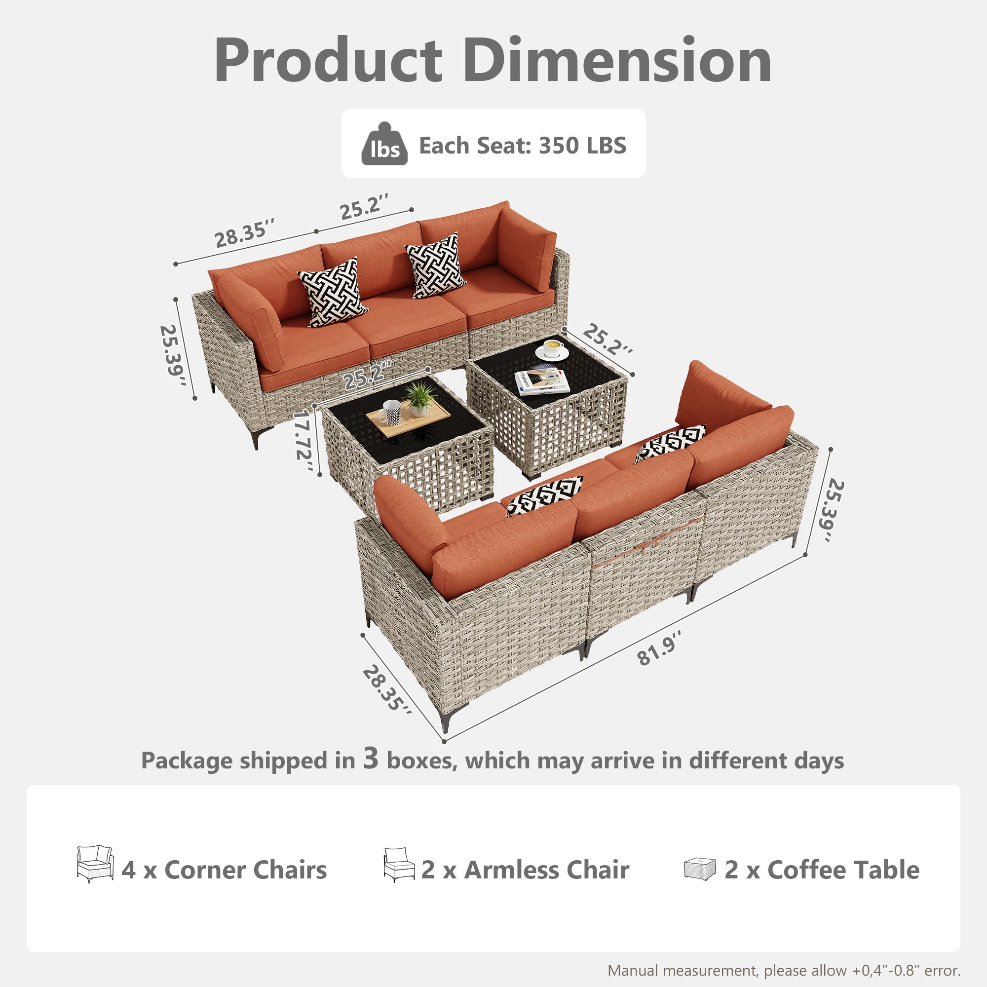 OVIOS Wicker Patio Sectional Conversation Set with Glowing Coffee Table & Single Chairs