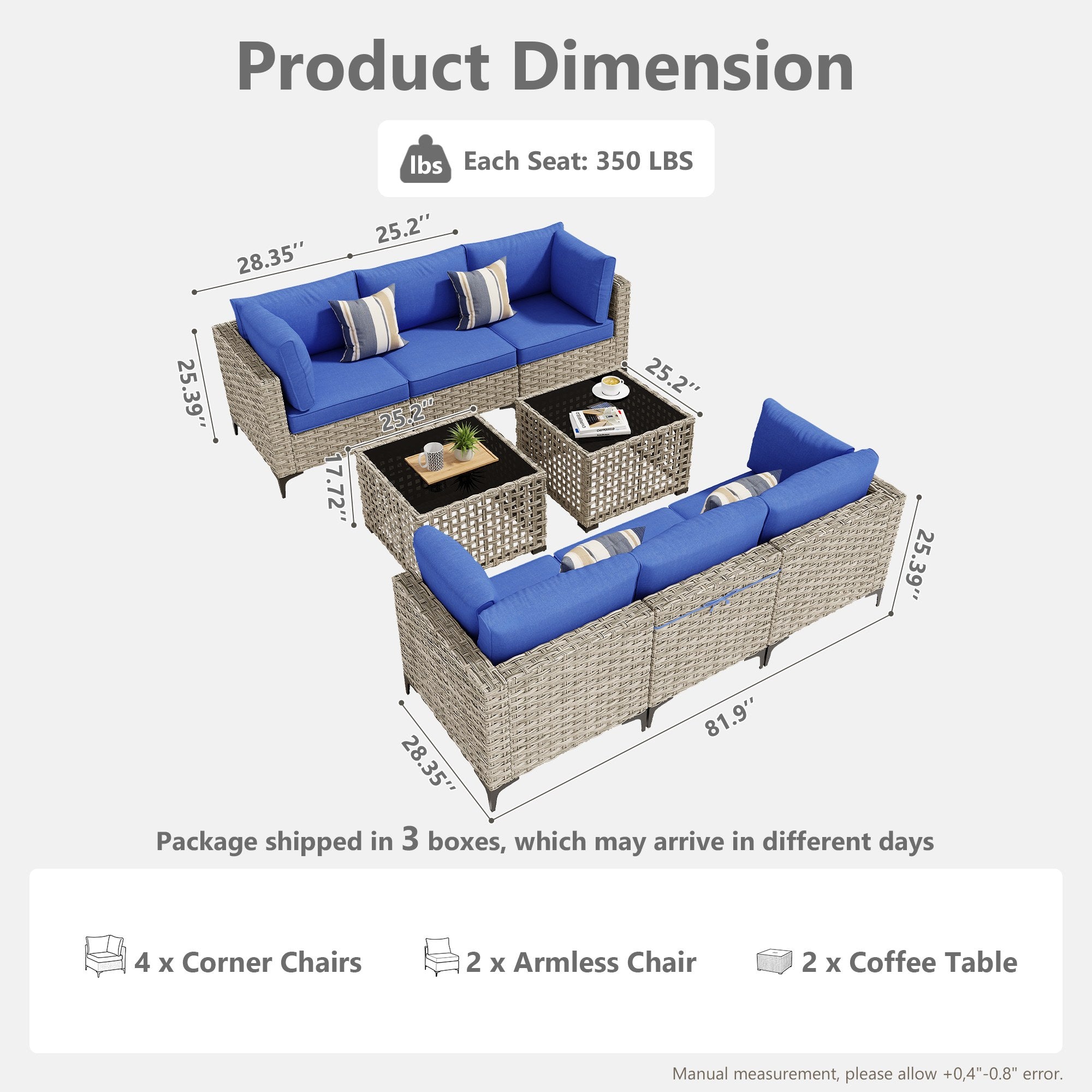 OVIOS Wicker Patio Sectional Conversation Set with Glowing Coffee Table & Single Chairs
