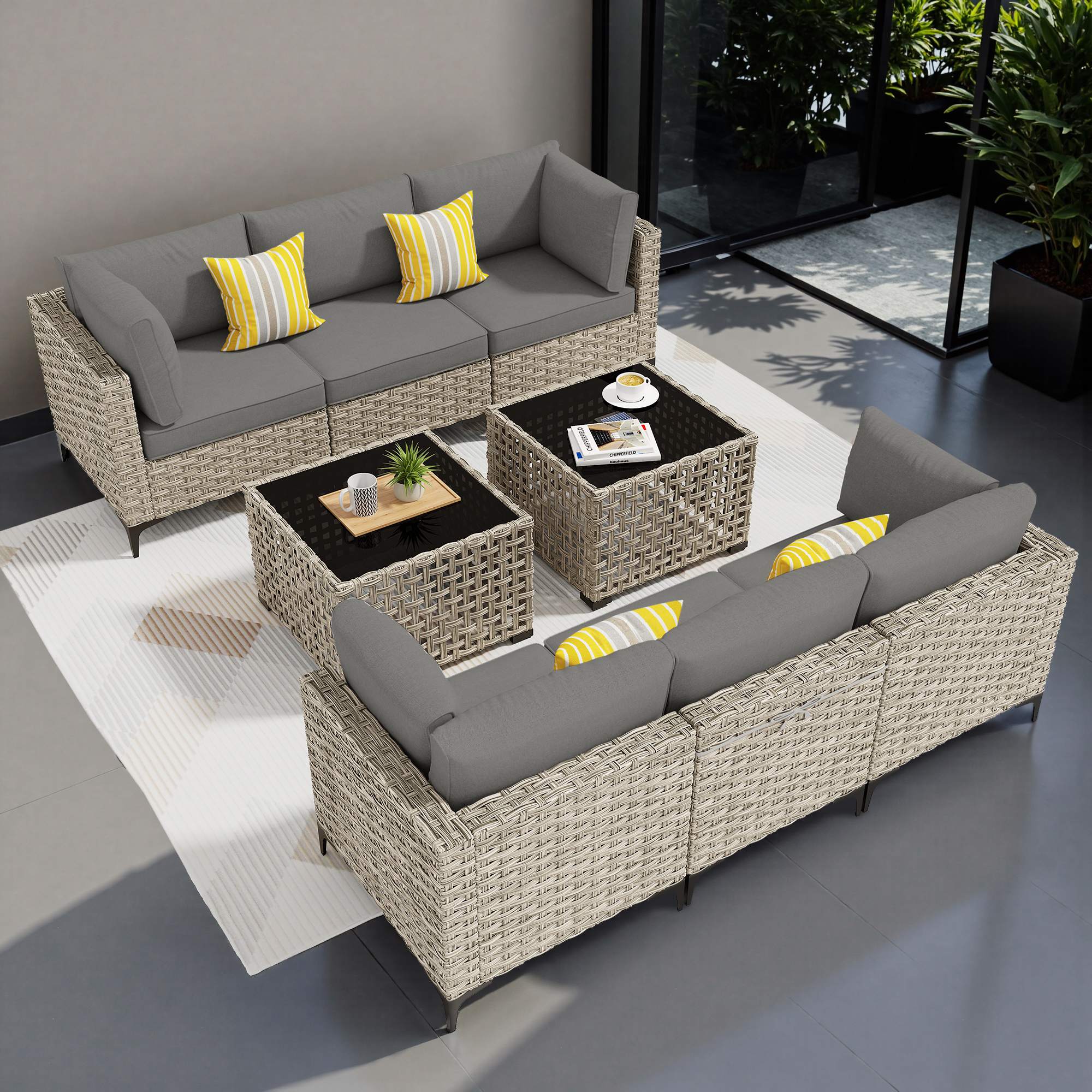 OVIOS Wicker Patio Sectional Conversation Set with Glowing Coffee Table & Single Chairs