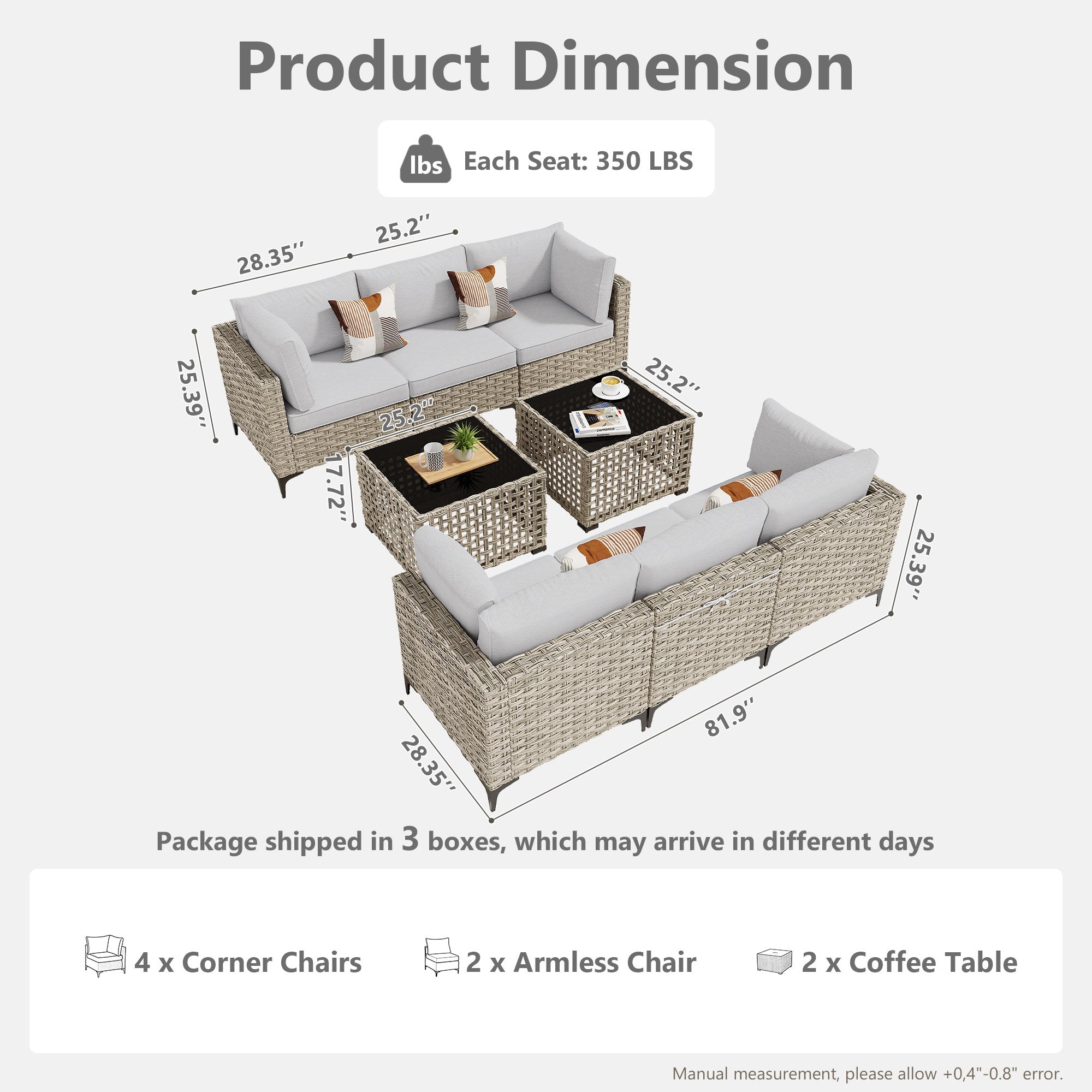 OVIOS Wicker Patio Sectional Conversation Set with Glowing Coffee Table & Single Chairs