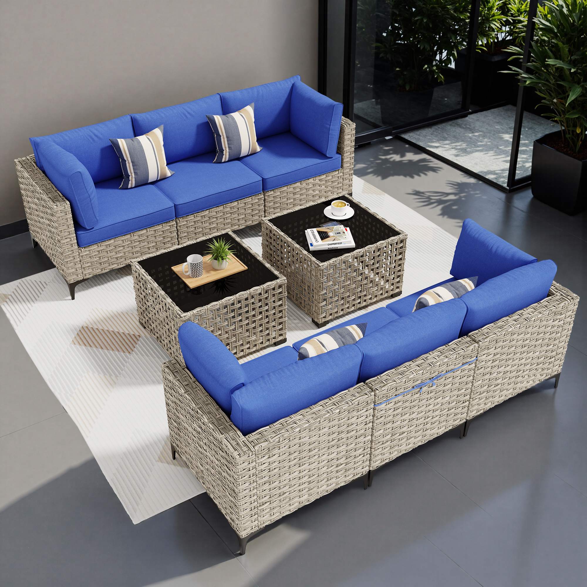 OVIOS Wicker Patio Sectional Conversation Set with Glowing Coffee Table & Single Chairs