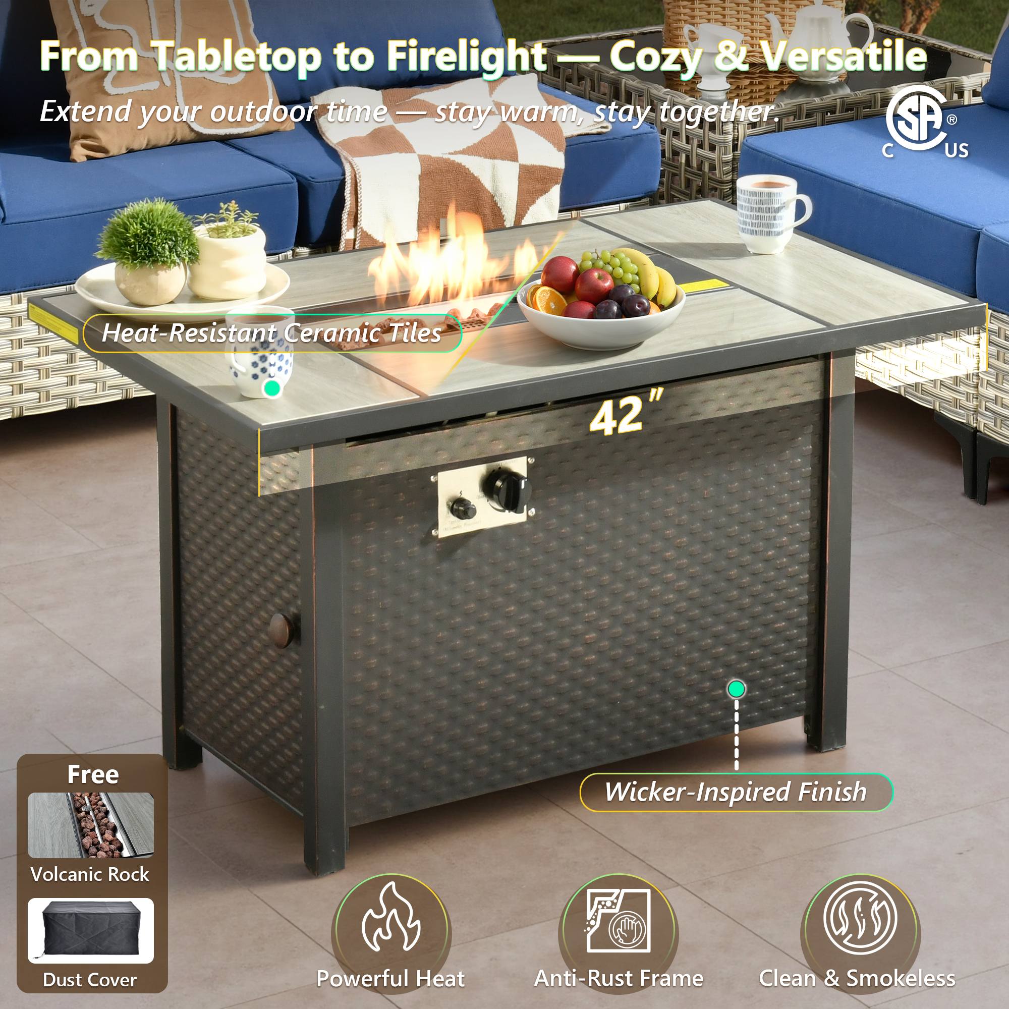 OVIOS 42" wicker patio fire pit table centerpiece for conversation set, ceramic top.