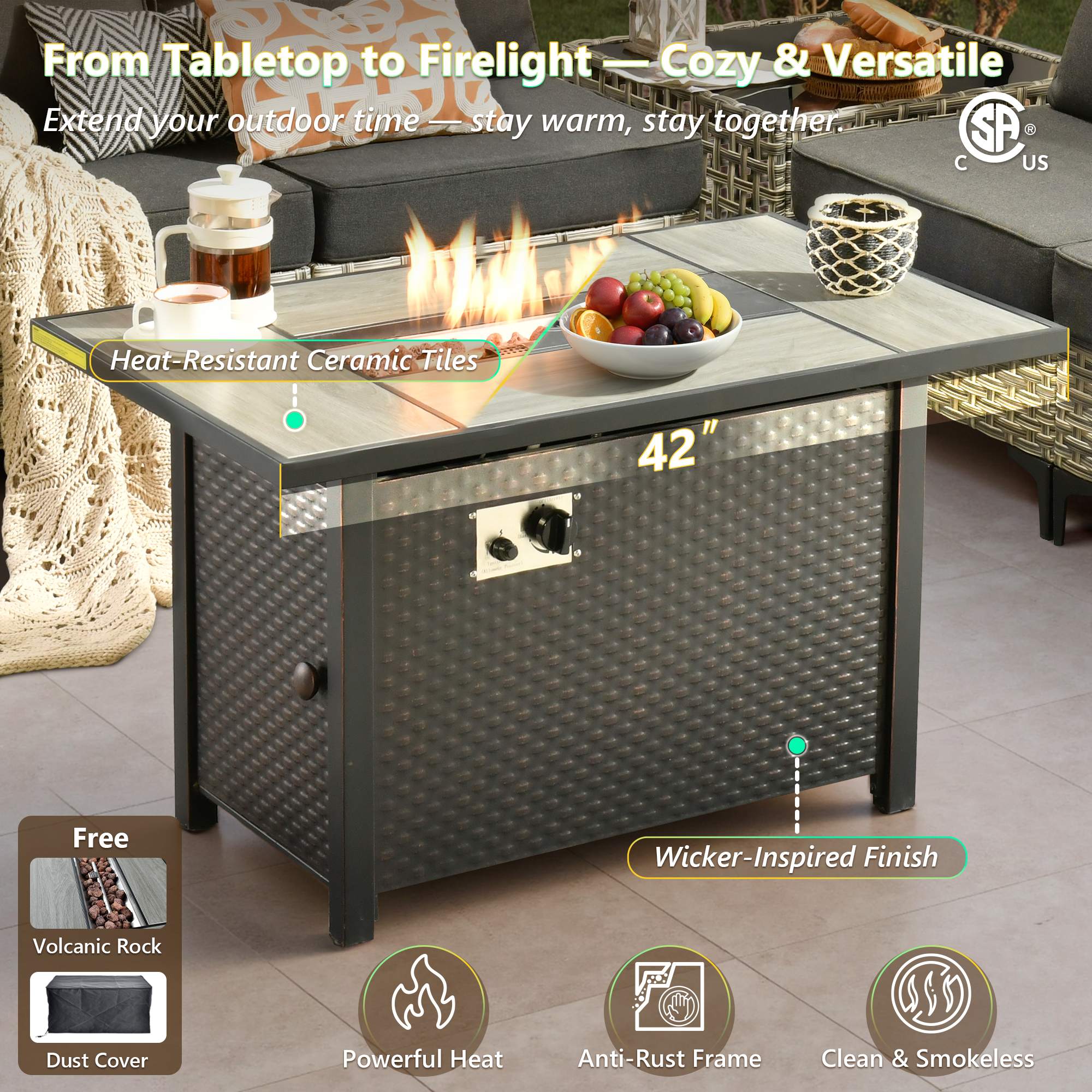 OVIOS 42-inch wicker fire pit table with heat-resistant ceramic tiles, wicker-inspired finish.