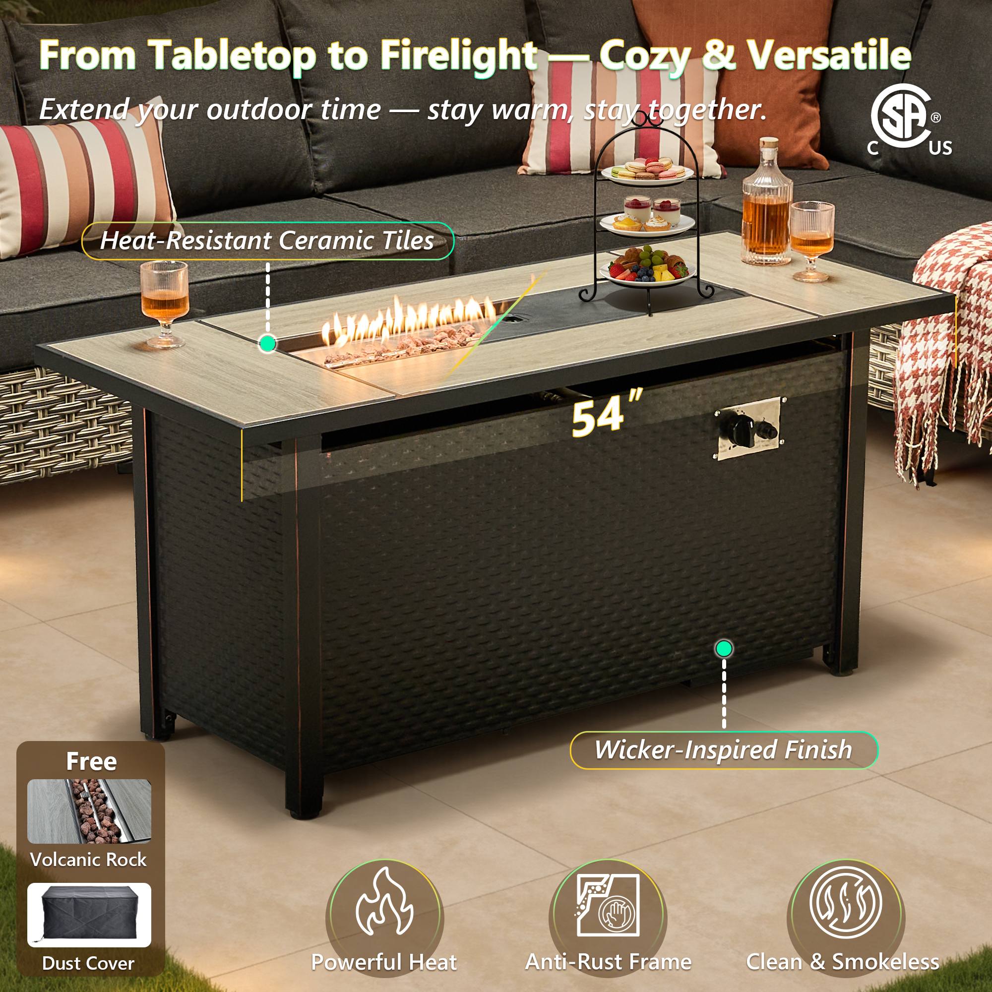 OVIOS Wicker Patio Sectional Conversation Set with Fire Pit Table & Swivel Chairs