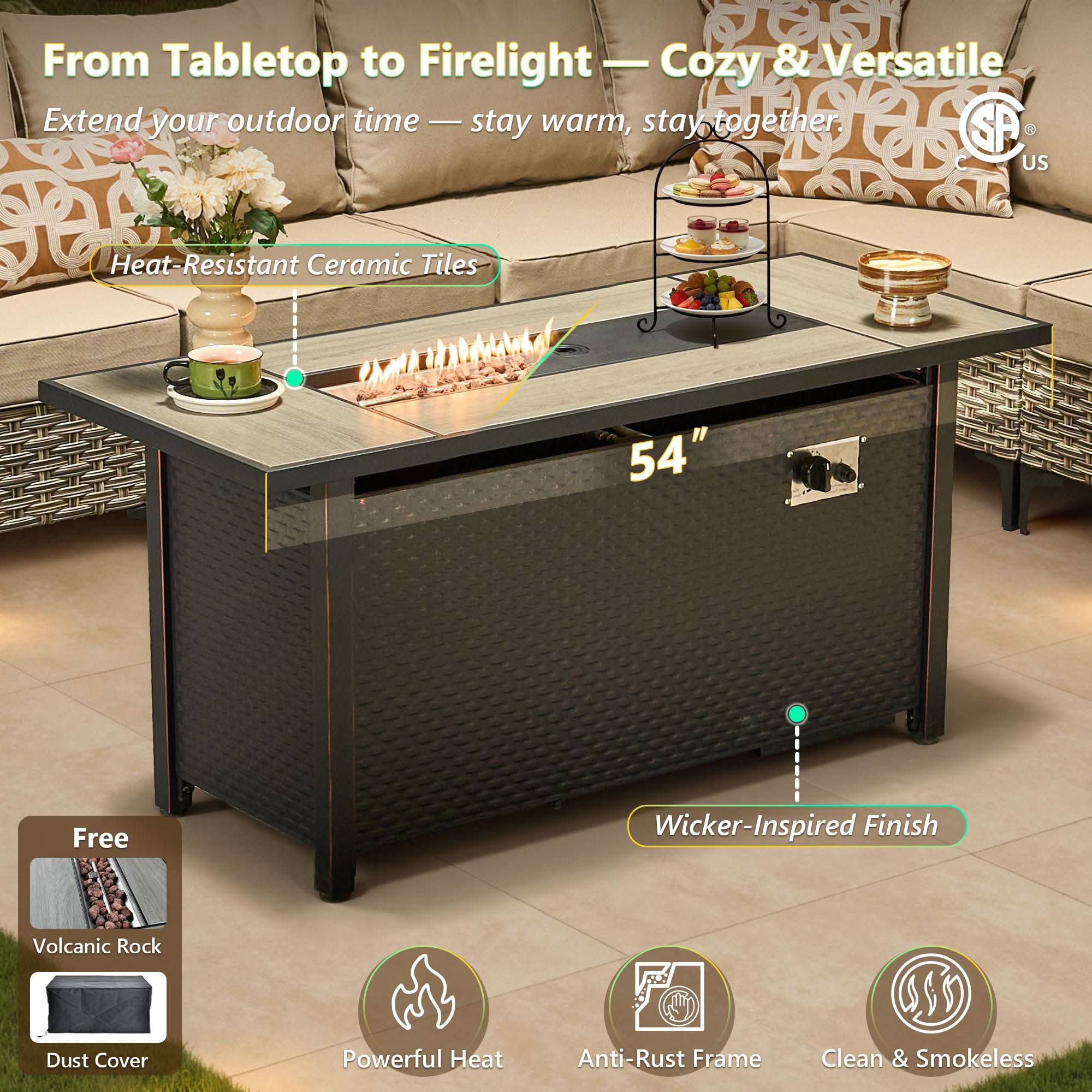 OVIOS 54-inch wicker patio conversation set fire pit table with ceramic top and flames.