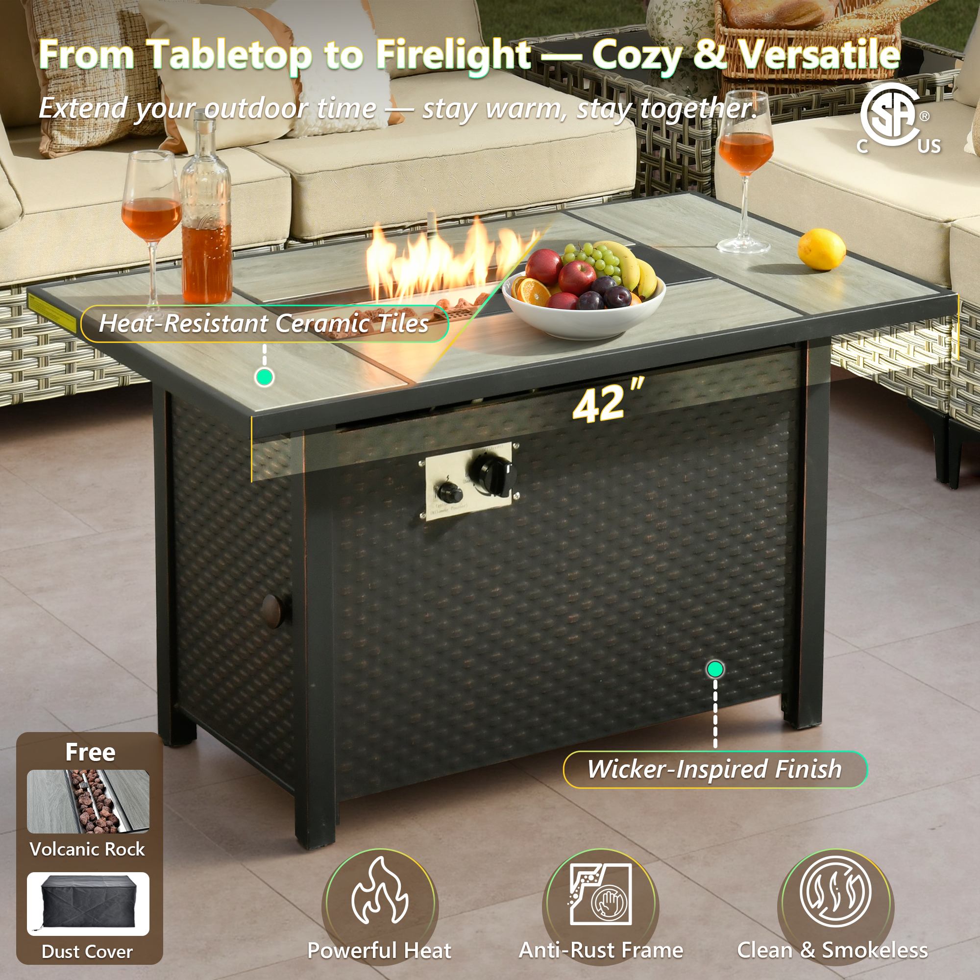 OVIOS wicker patio set with 42-inch fire pit table, featuring ceramic tiles and modular seating.