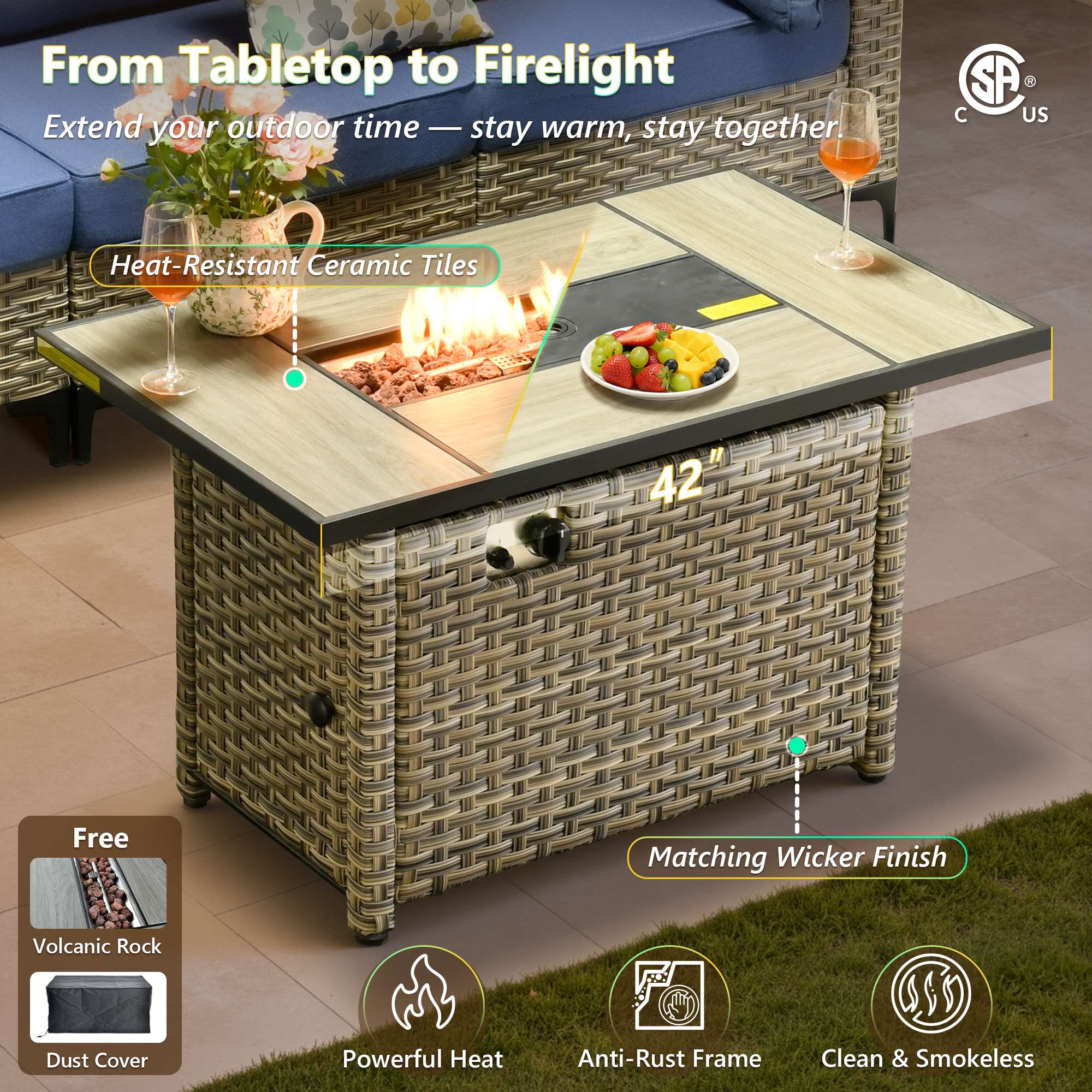 OVIOS modular wicker patio furniture set with 42" fire pit table and ceramic top.