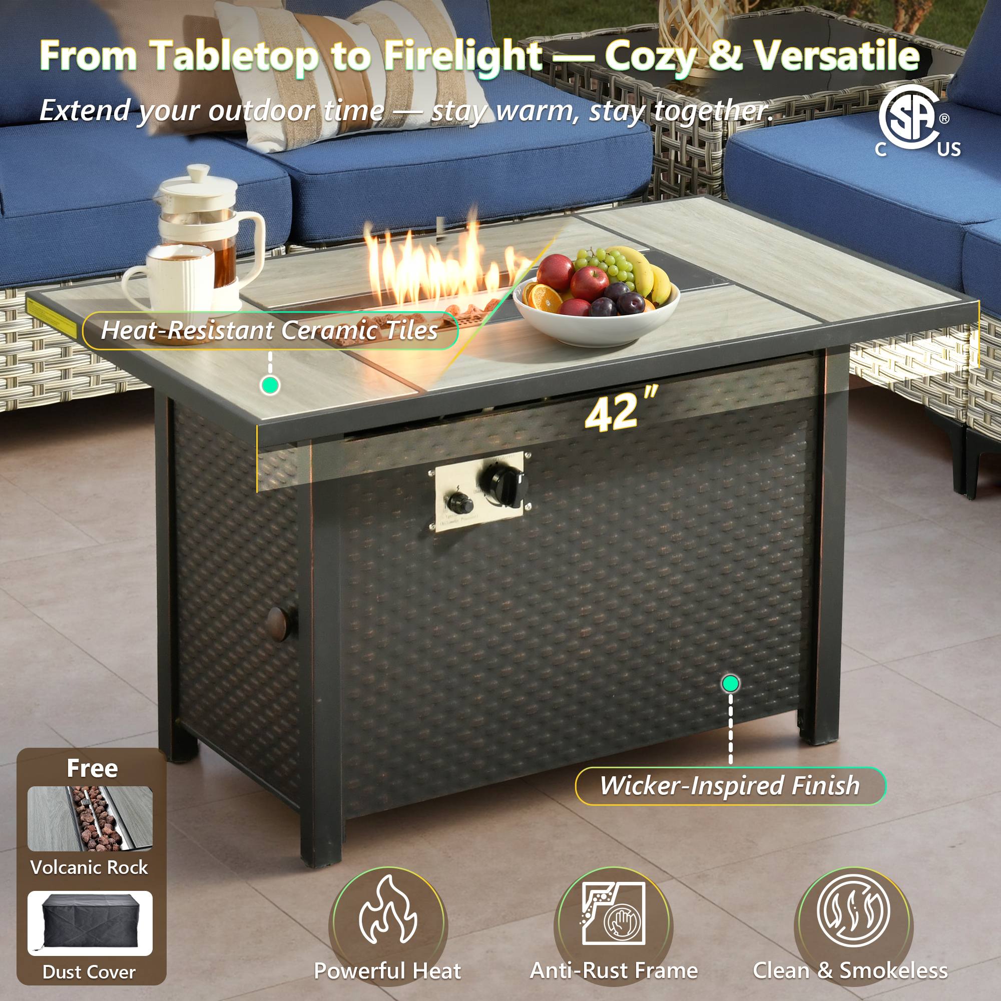 42-inch wicker patio fire pit table with ceramic top, flames, fruit bowl, and French press.