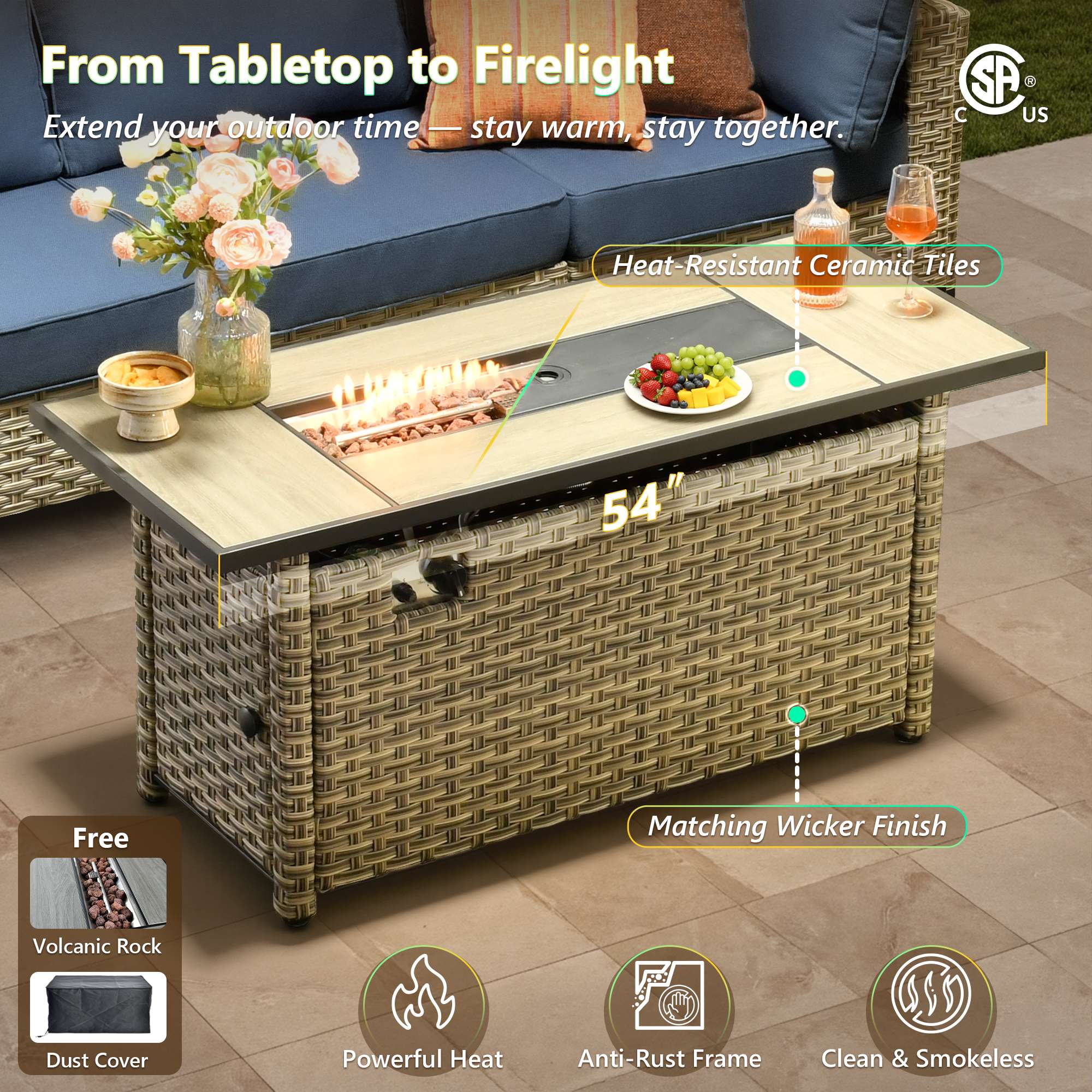 OVIOS 54-inch wicker patio fire pit table with heat-resistant ceramic tiles.