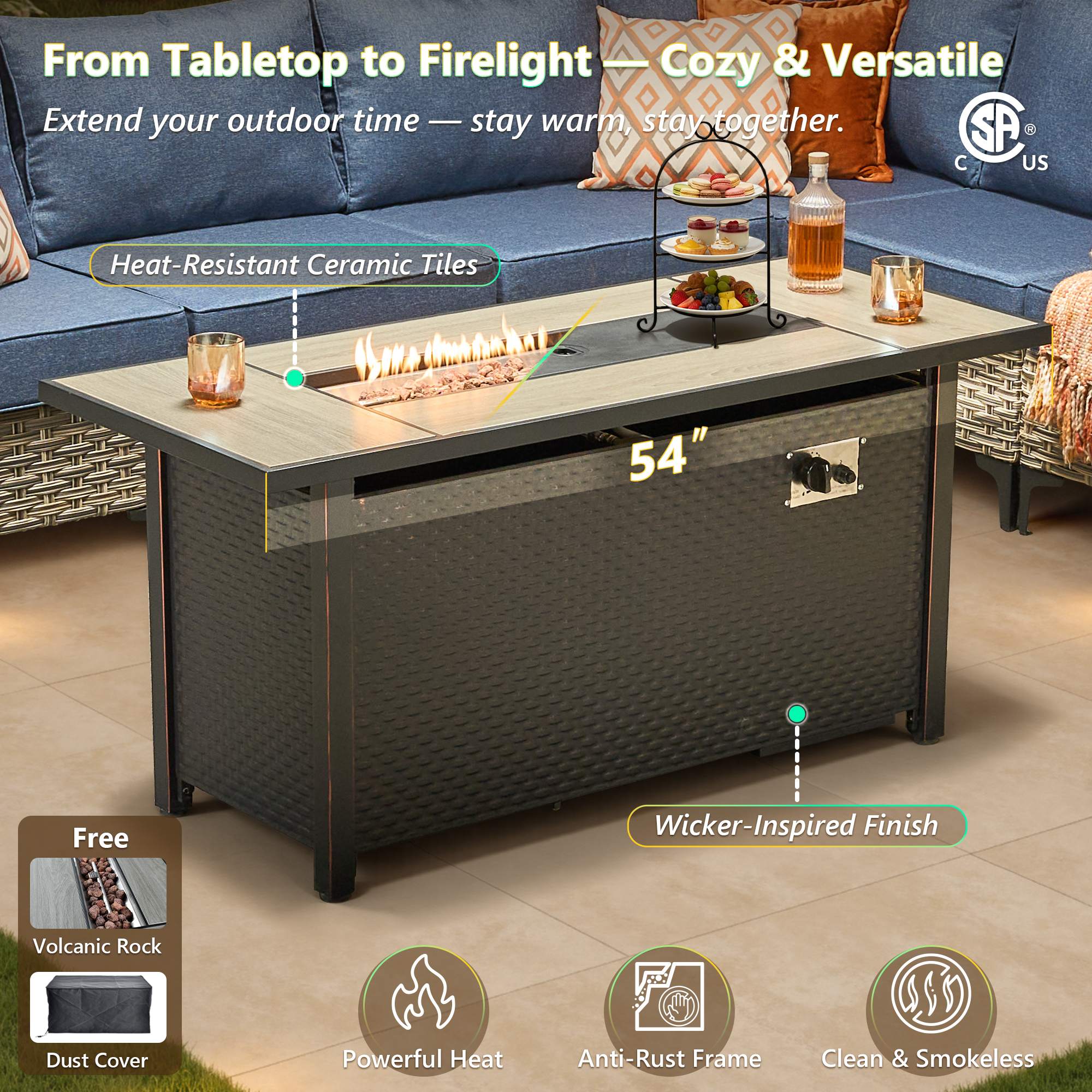 OVIOS Wicker Patio Sectional Conversation Set with Fire Pit Table & Swivel Chairs