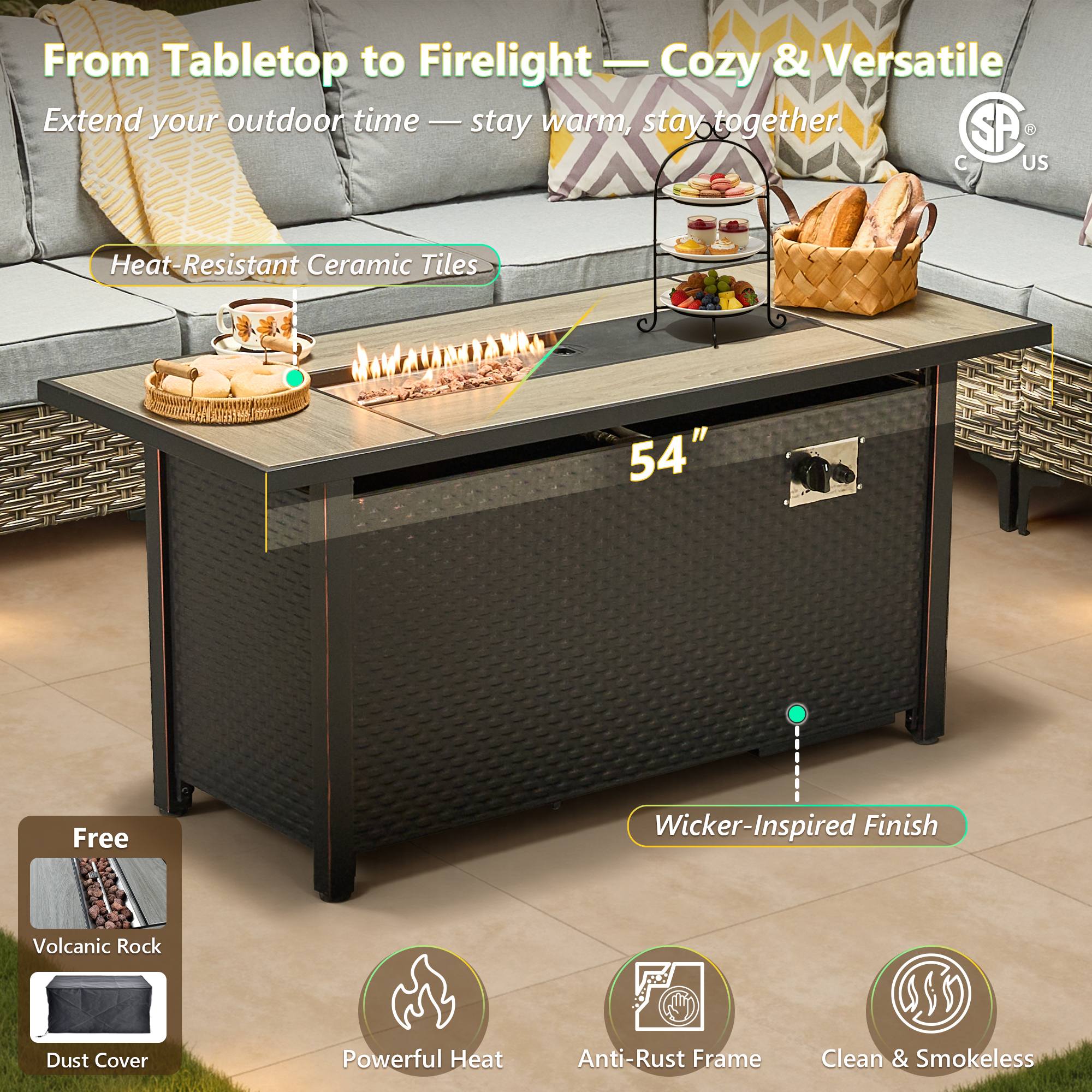 OVIOS Wicker Patio Sectional Conversation Set with Fire Pit Table & Swivel Chairs