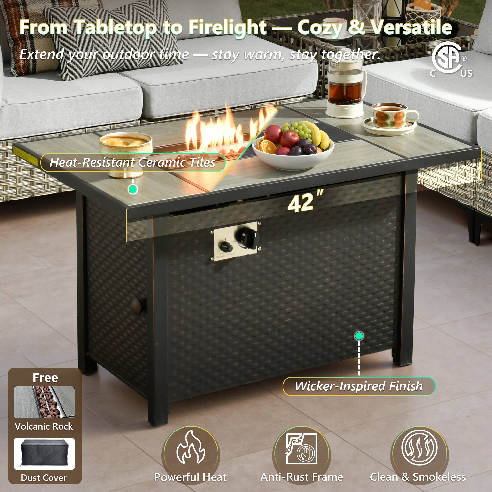 OVIOS 42" wicker patio fire pit table with heat-resistant ceramic top, flames, and fruit, part of a cozy conversation set.