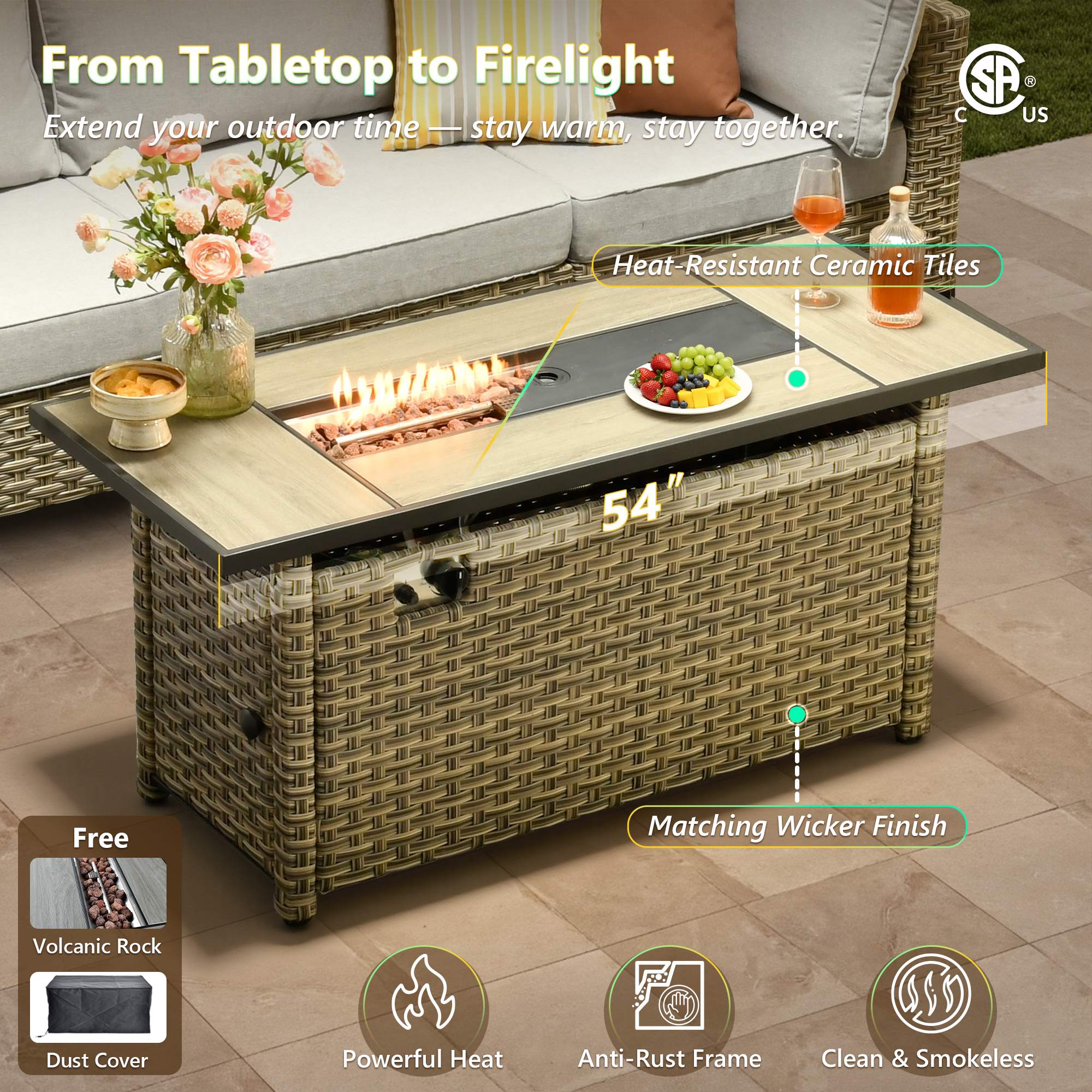 OVIOS 54-inch wicker patio fire pit table set, with heat-resistant ceramic tiles and matching wicker finish.