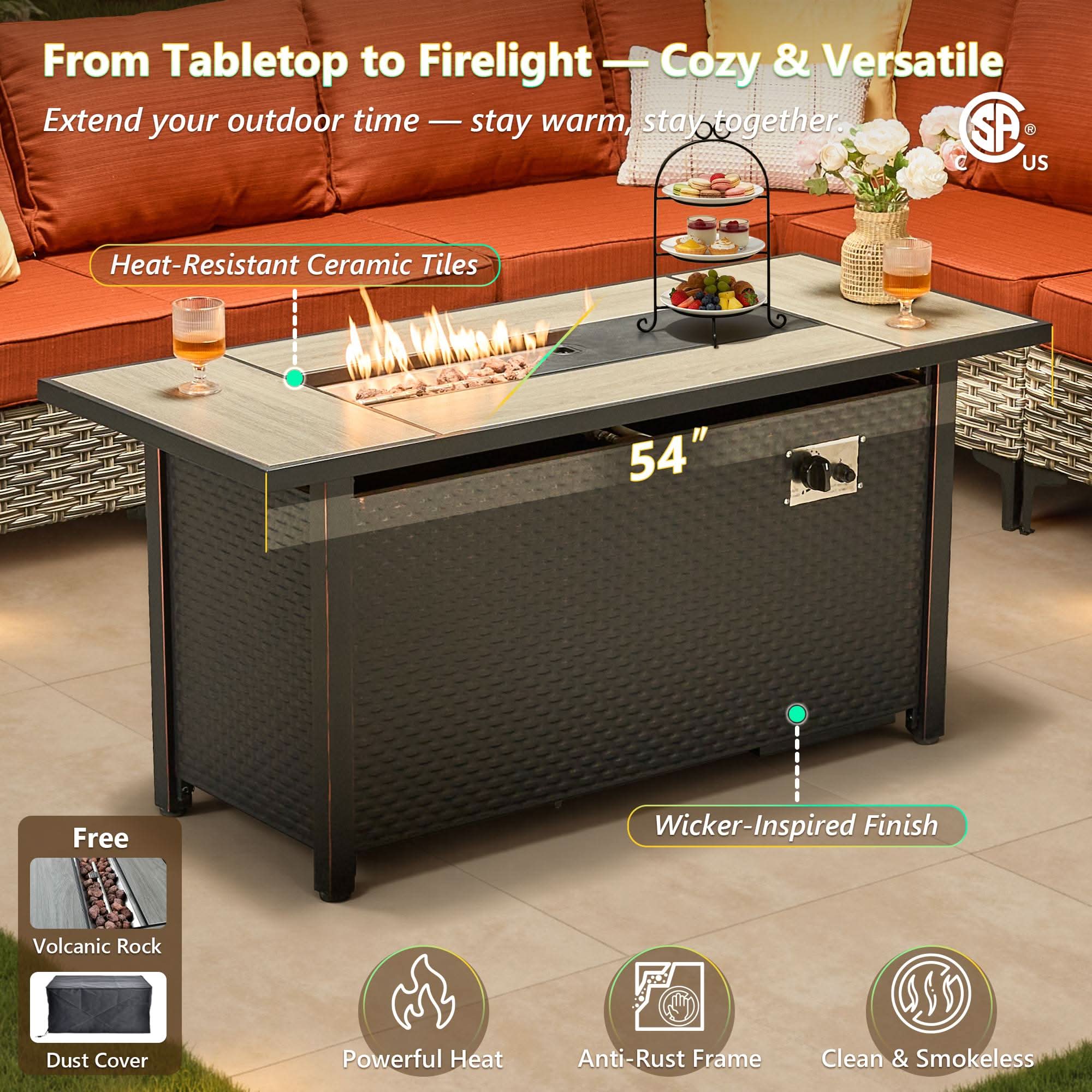 OVIOS 54" wicker patio fire pit table, featuring ceramic top, burning flames, and outdoor seating.