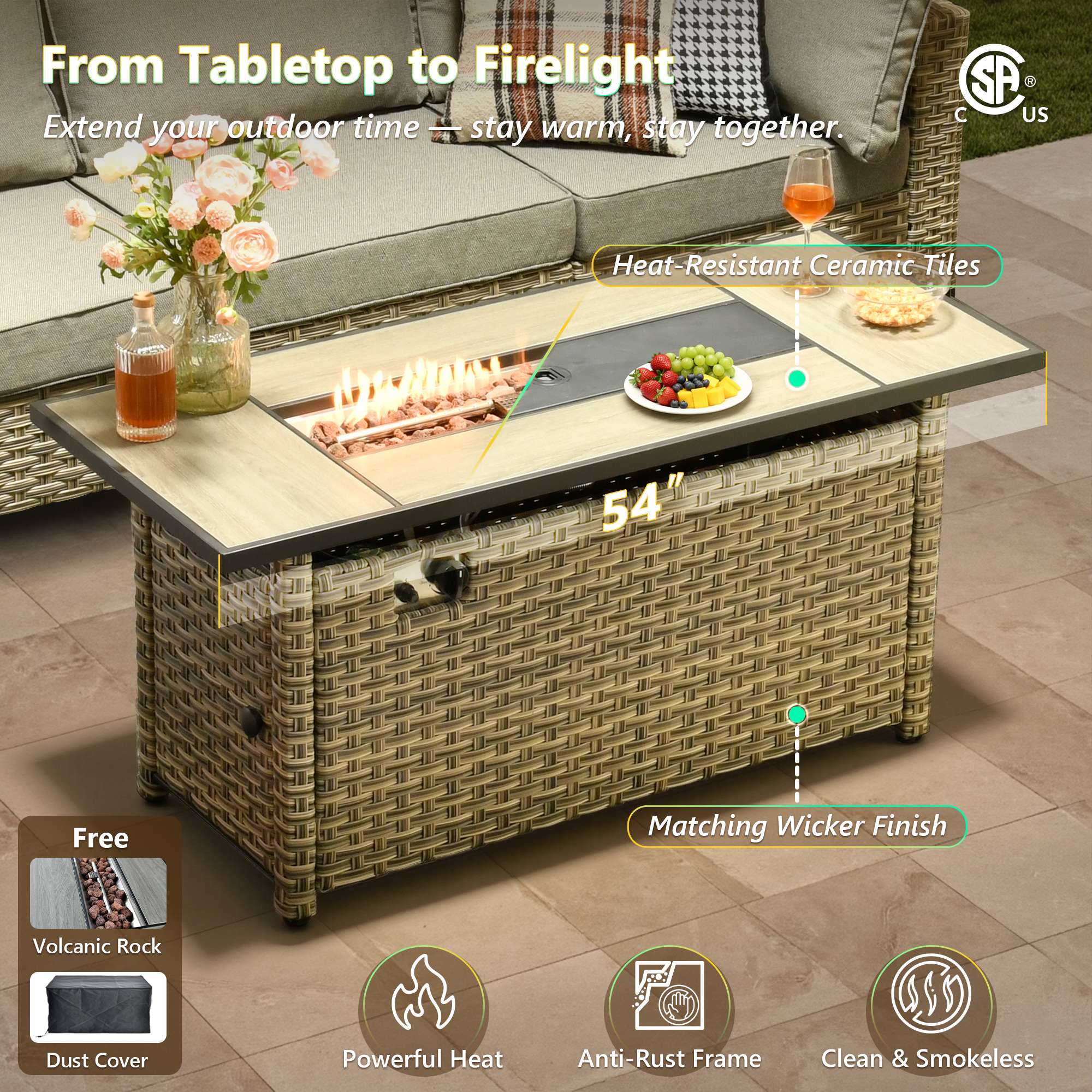 OVIOS wicker patio conversation set with 54-inch fire pit table and ceramic tiles.