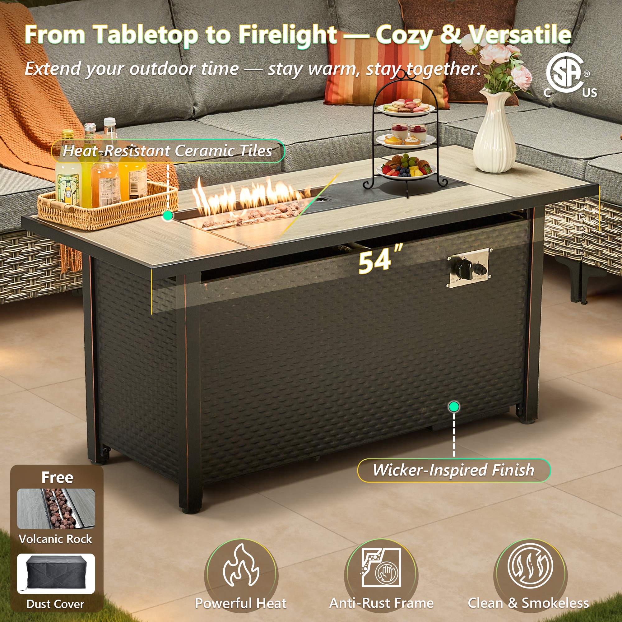 OVIOS Wicker Patio Sectional Conversation Set with Fire Pit Table & Swivel Chairs