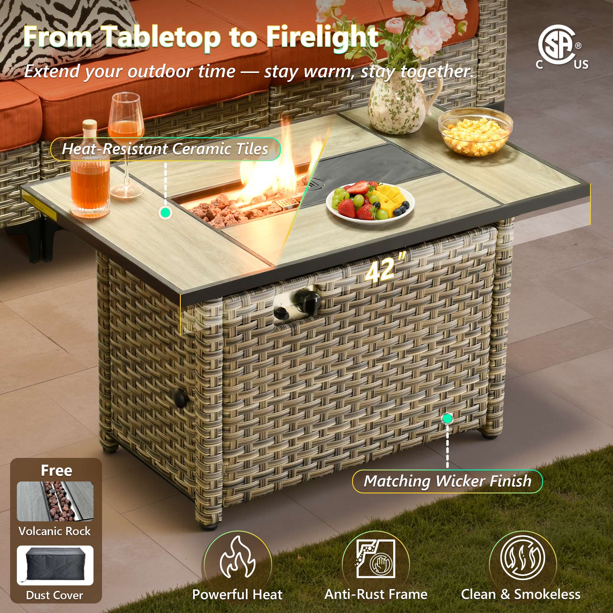 OVIOS Modular Wicker Patio Furniture Set with Fire Pit Table & Coffee Table