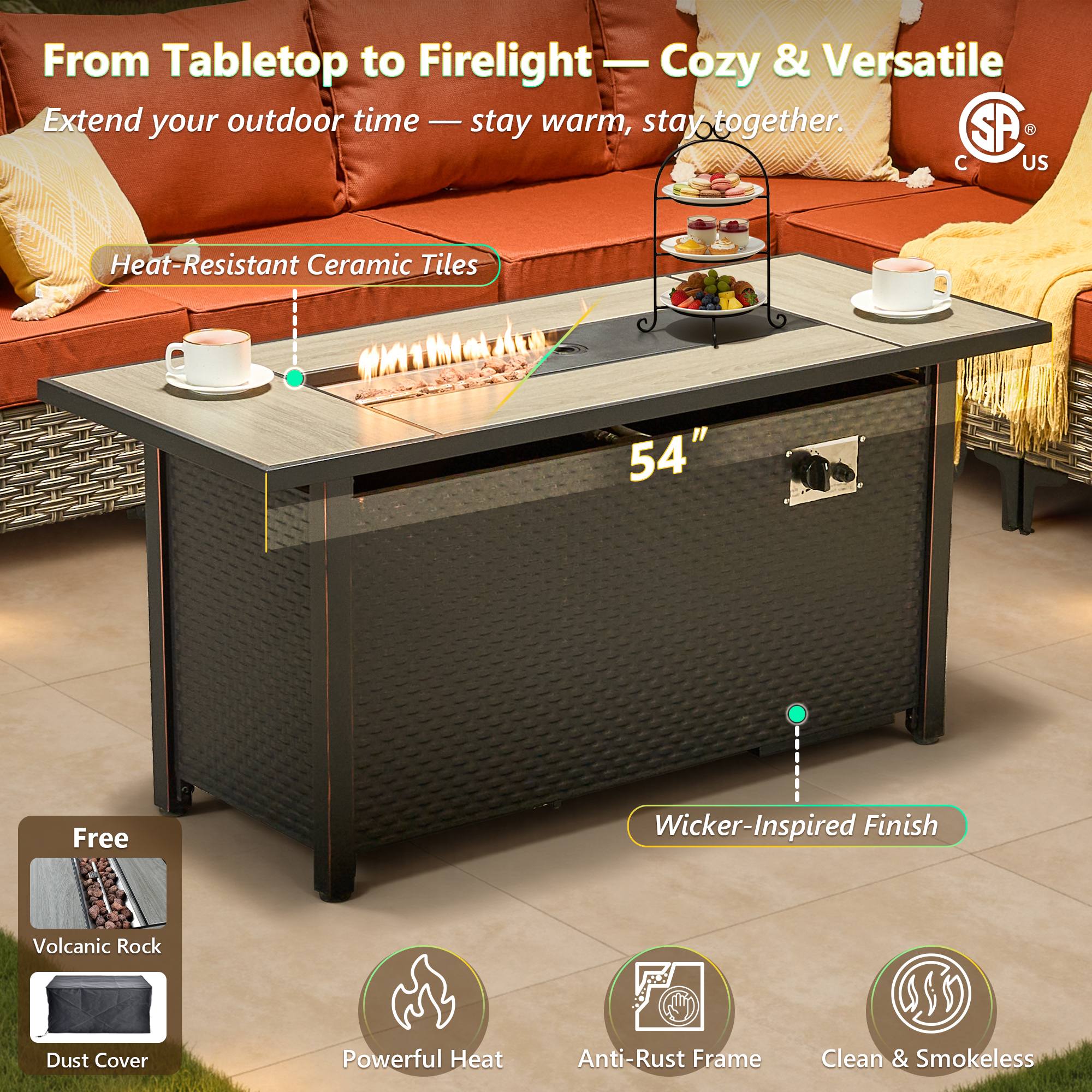 OVIOS Wicker Patio Sectional Conversation Set with Fire Pit Table & Swivel Chairs