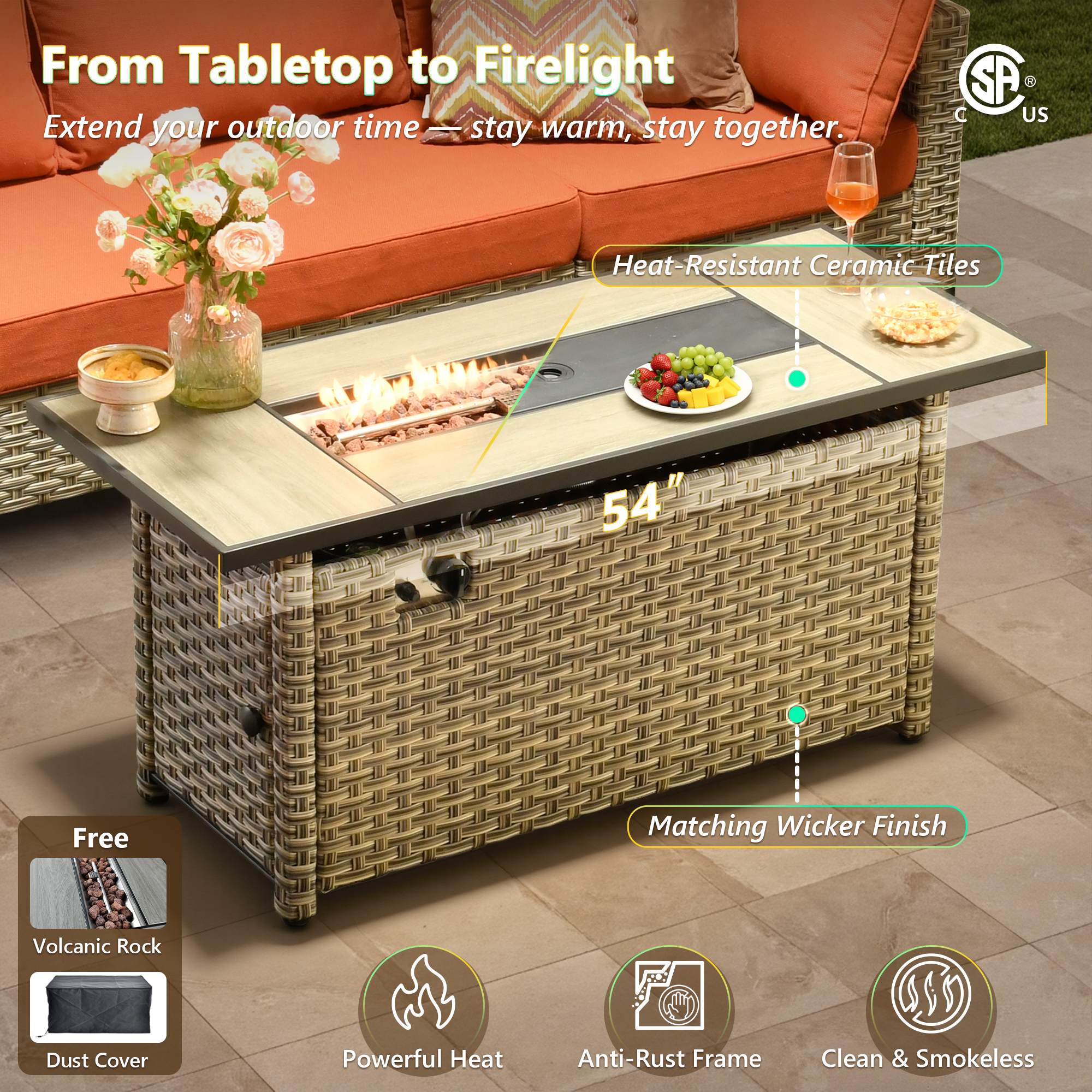 OVIOS 54 inch wicker patio set with fire pit table, ceramic tiles