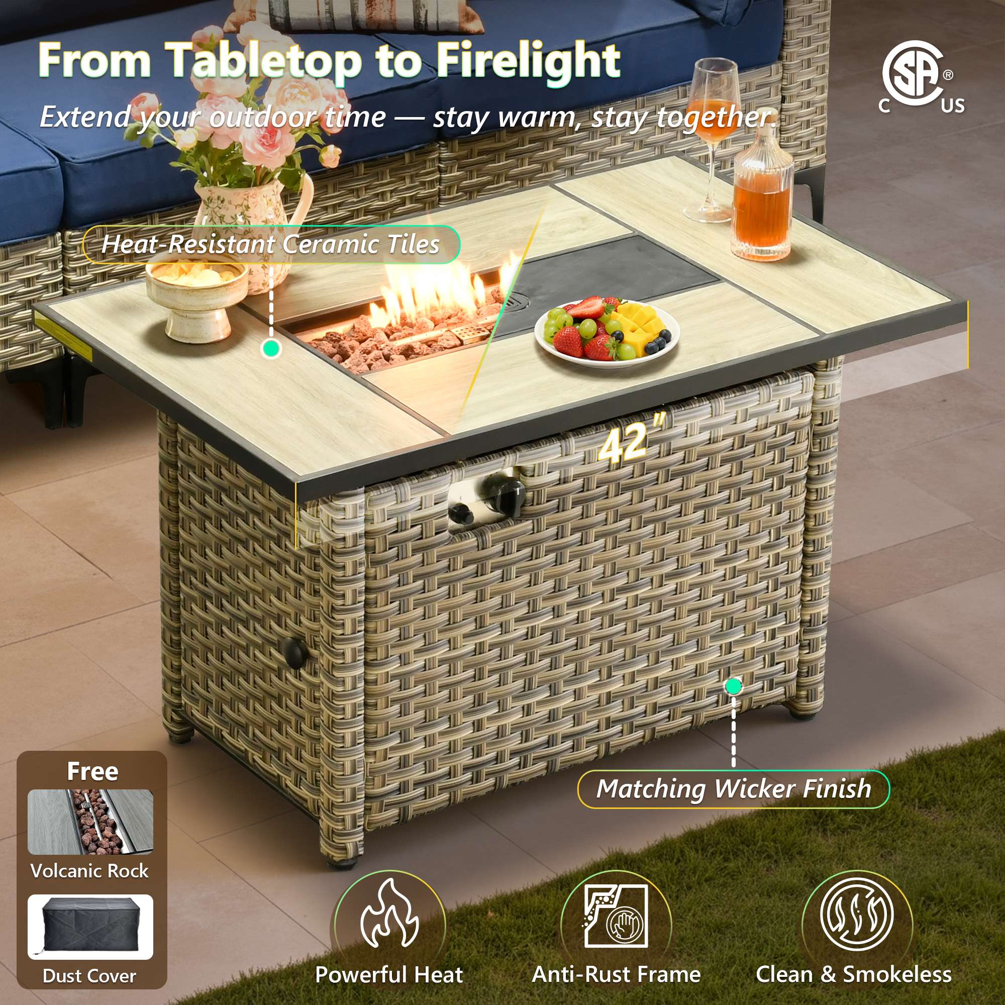 OVIOS Modular Wicker Patio Furniture Set with Fire Pit Table & Coffee Table