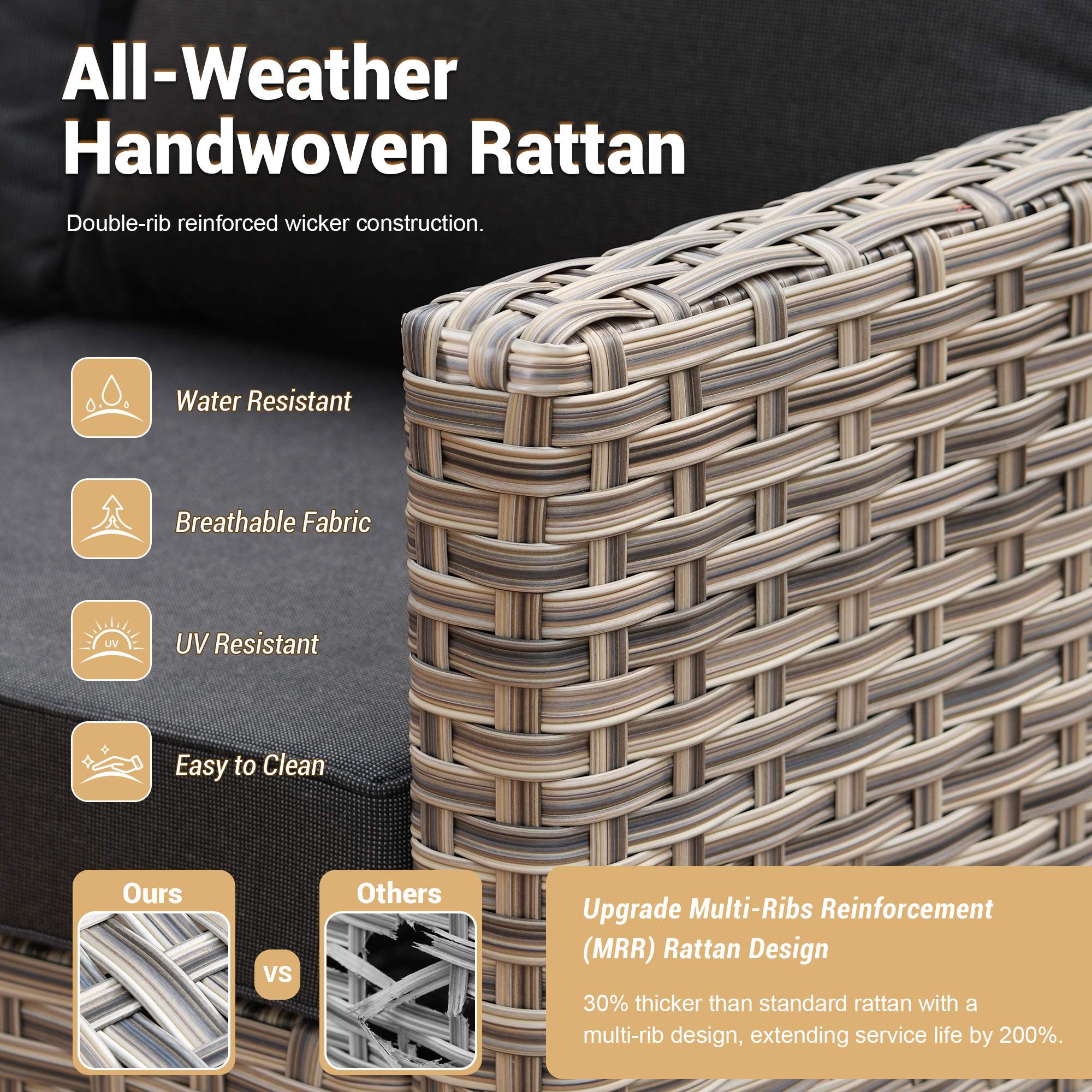 OVIOS Wicker Patio Sectional Conversation Set with Glowing Coffee Table & Single Chairs