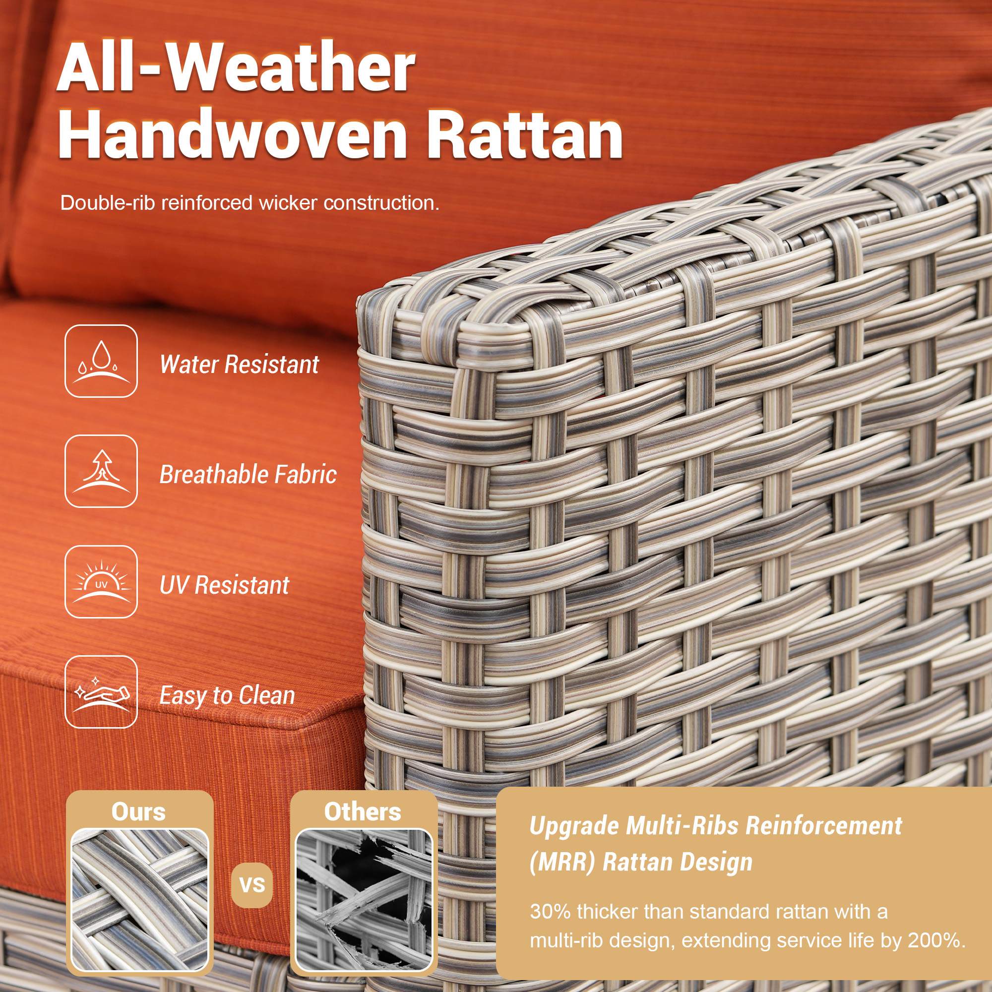 OVIOS Wicker Patio Conversation Set with Fire Pit Table & Glowing Coffee Table