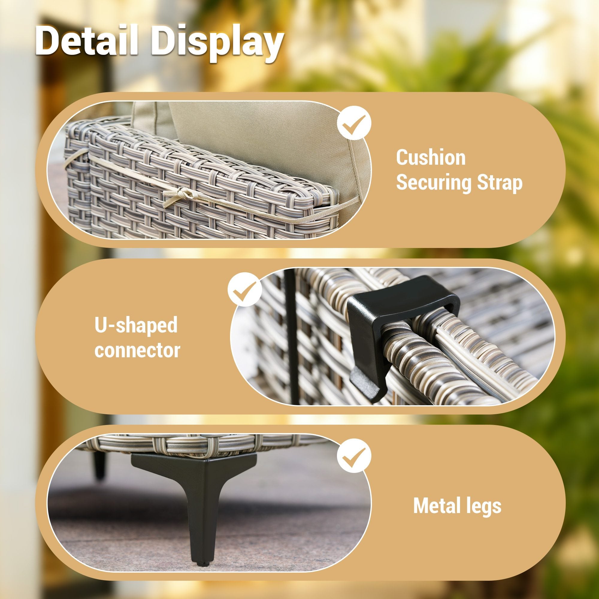 OVIOS modular PE rattan patio furniture details: securing strap, U-connector, metal legs.