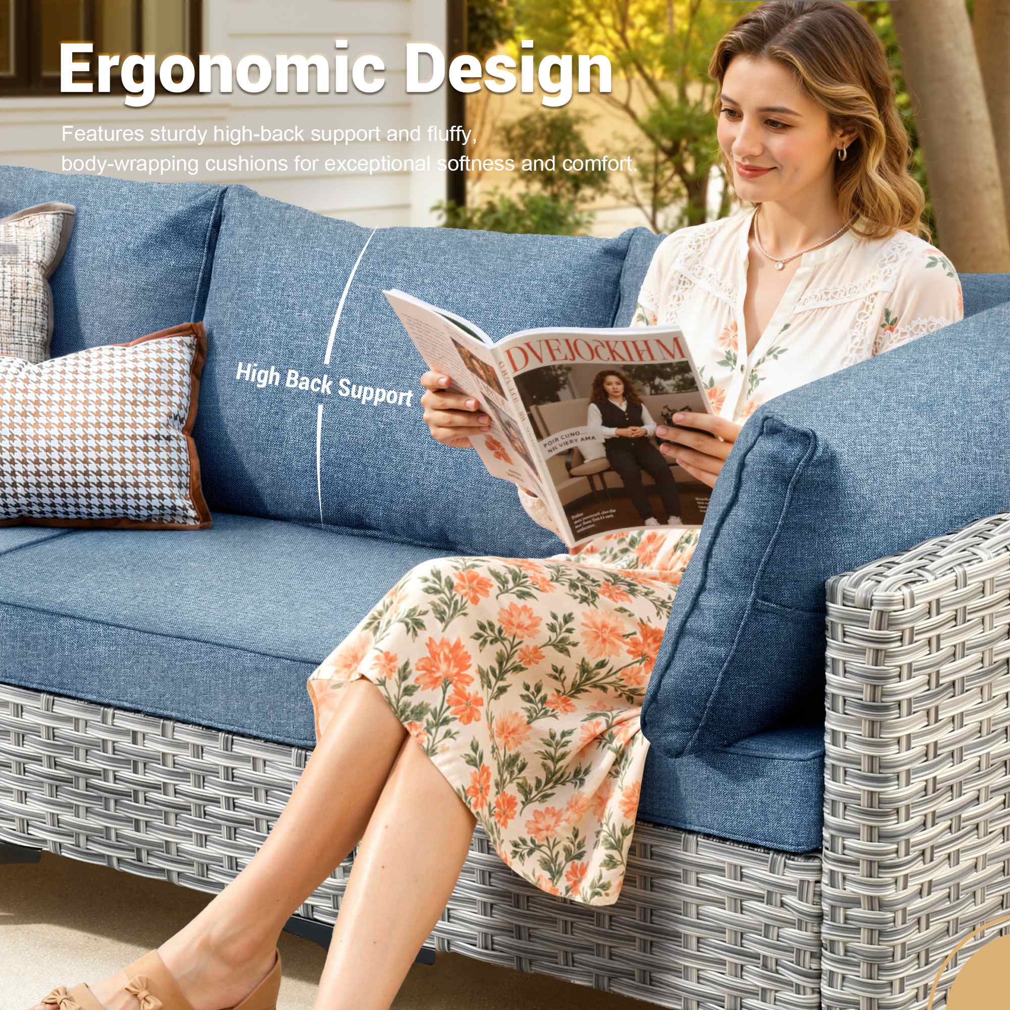 OVIOS Wicker Patio Sectional Conversation Set with Glowing Coffee Table & Single Chairs