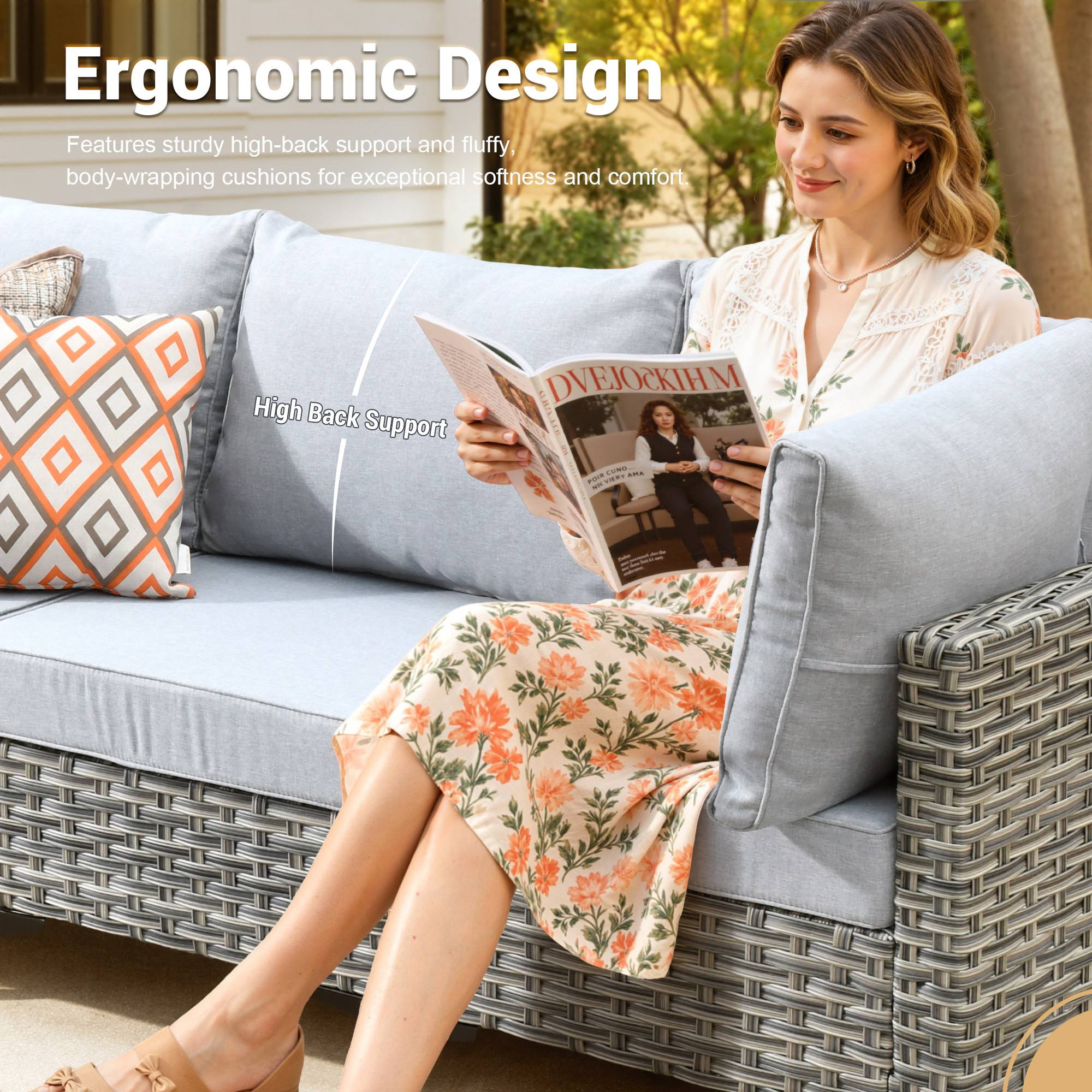 OVIOS Wicker Patio Conversation Set with Fire Pit Table & Glowing Coffee Table