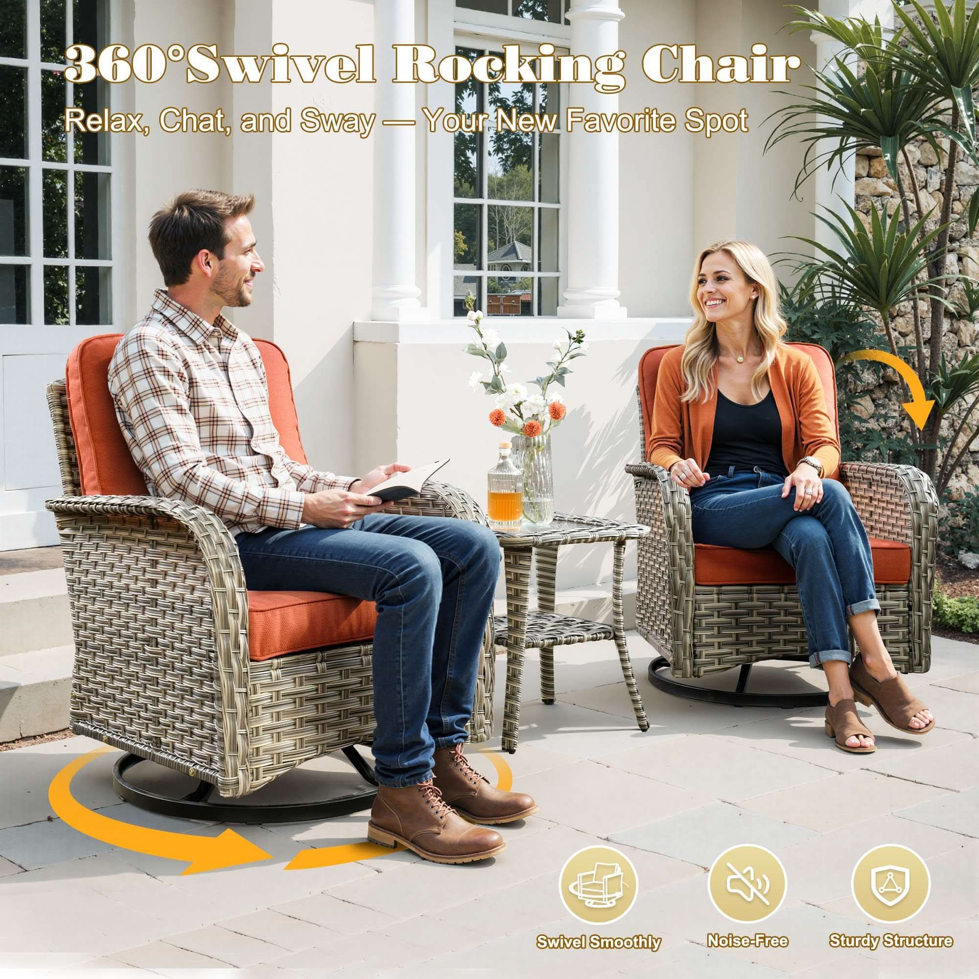 OVIOS Outdoor Wicker Patio Conversation Set with Swivel Rocking Chairs for Backyard
