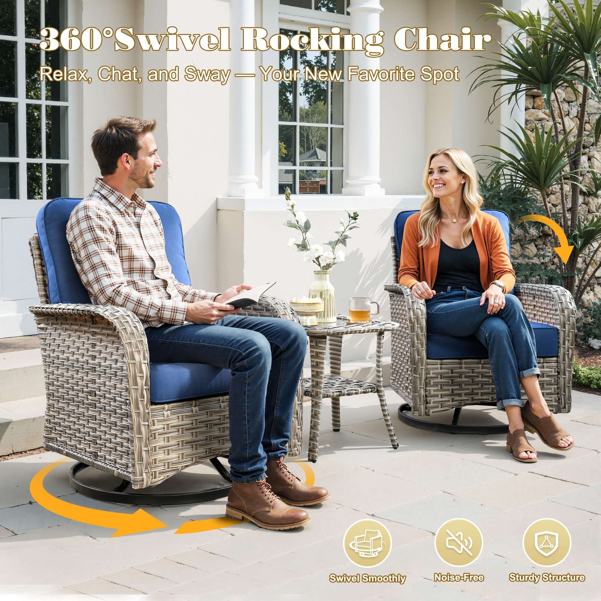 OVIOS Outdoor Wicker Patio Conversation Set with Swivel Rocking Chairs for Backyard
