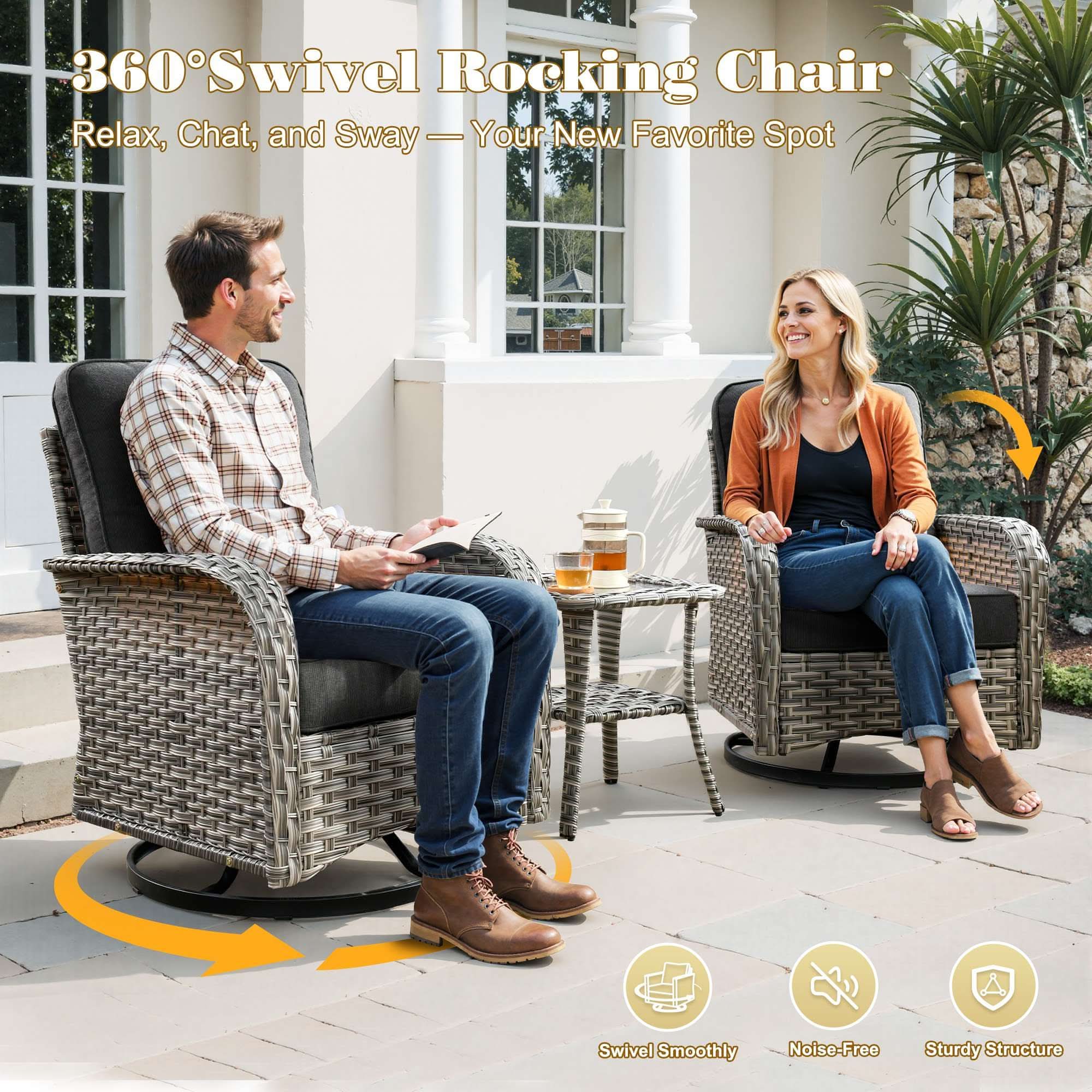 OVIOS Outdoor Wicker Patio Conversation Set with Swivel Rocking Chairs for Backyard