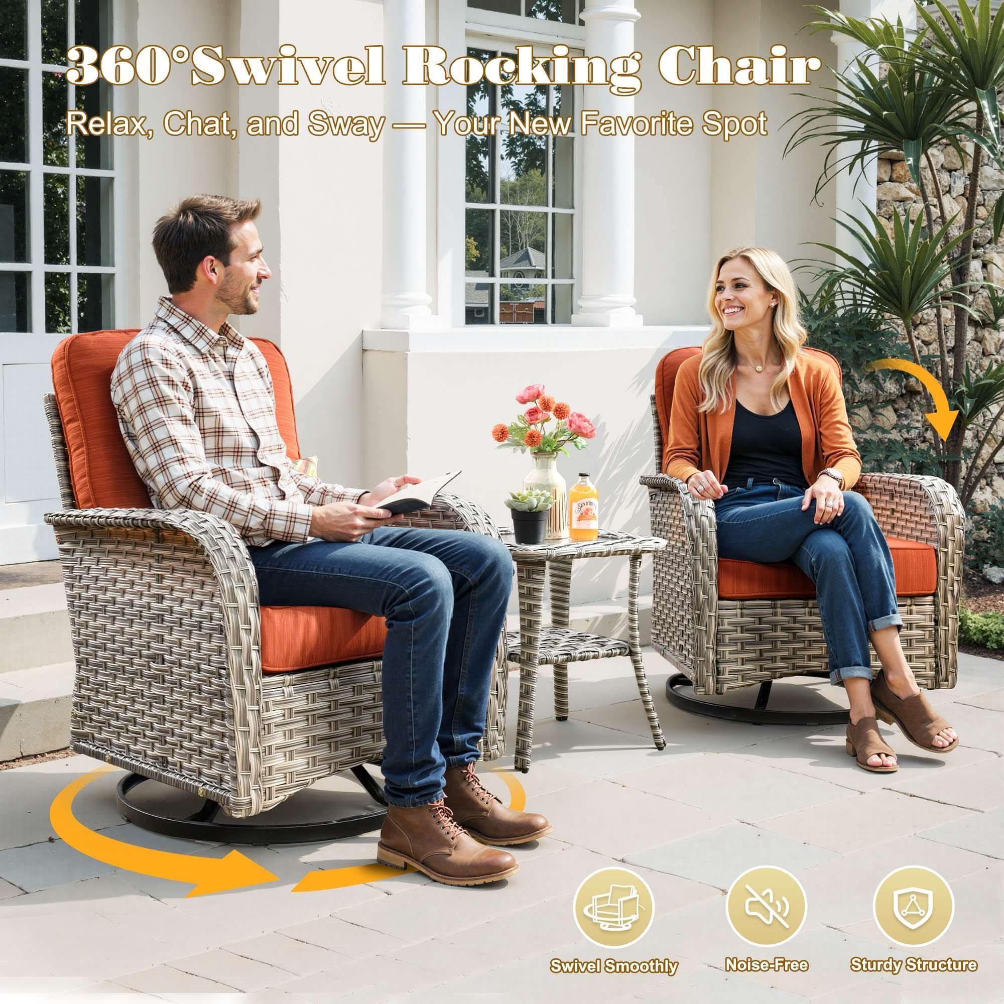 OVIOS Outdoor Wicker Patio Conversation Set with Swivel Rocking Chairs for Backyard