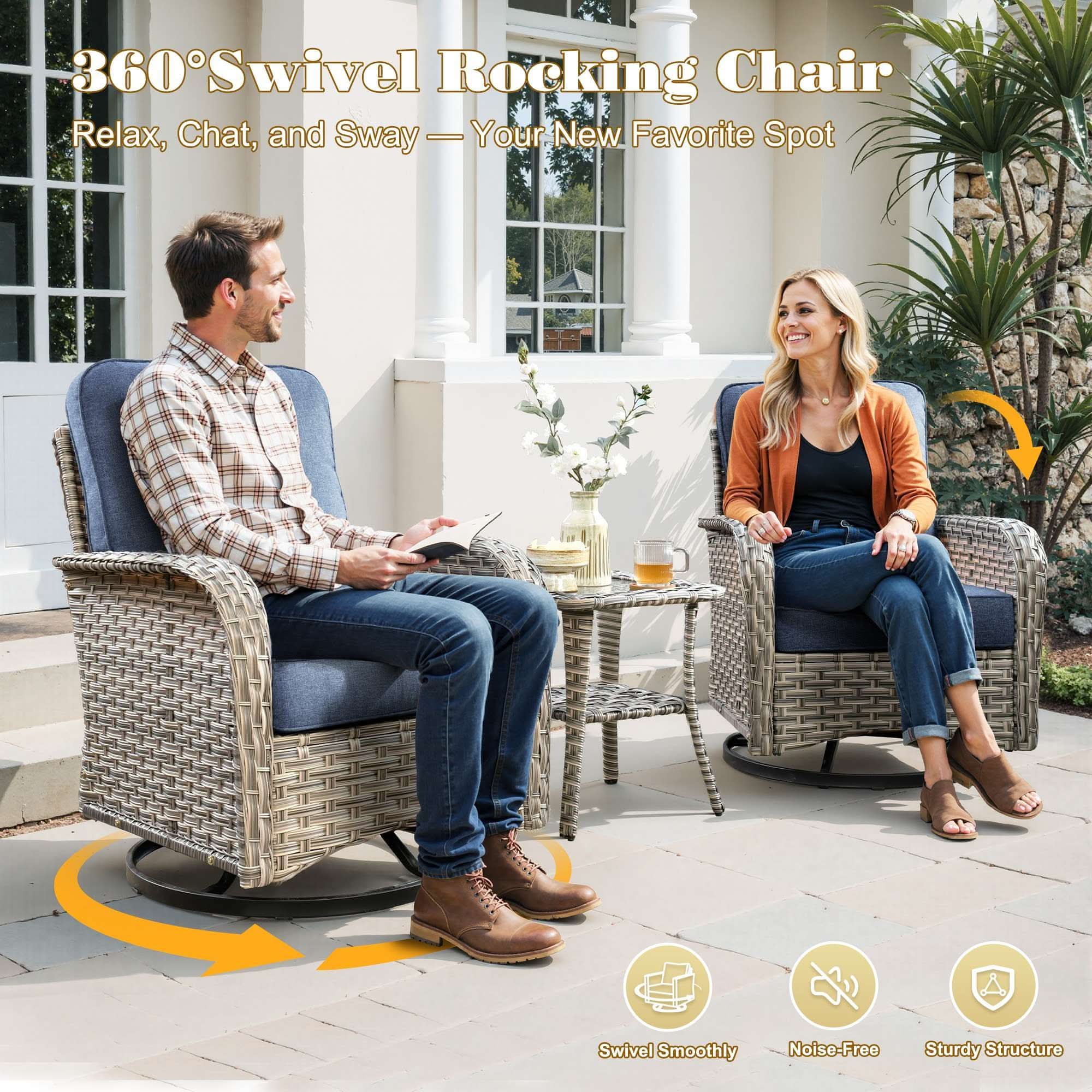 OVIOS Outdoor Wicker Patio Conversation Set with Swivel Rocking Chairs for Backyard