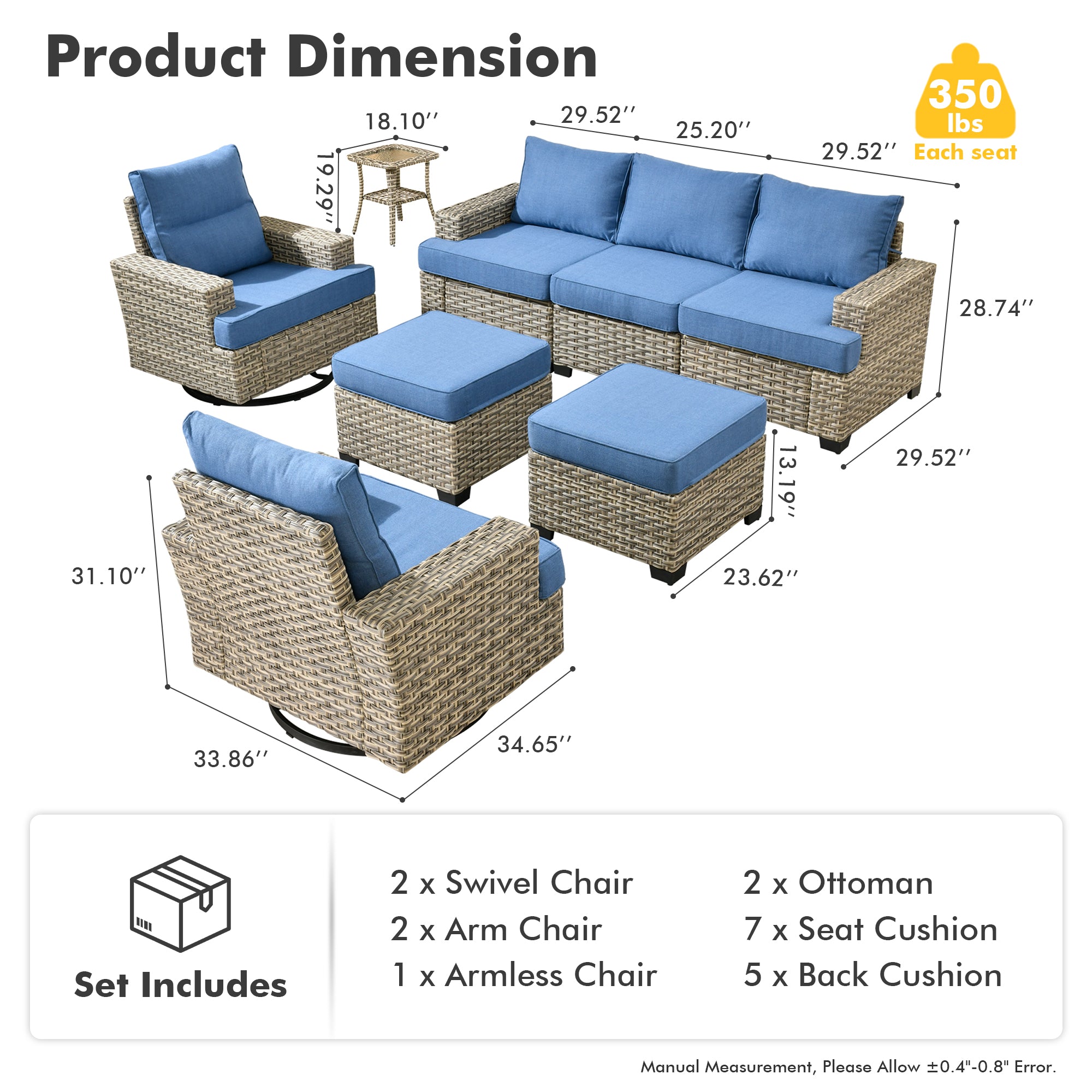 TBS Series - Sectional Patio Furniture Set 8-Piece, Included Swivel Chair